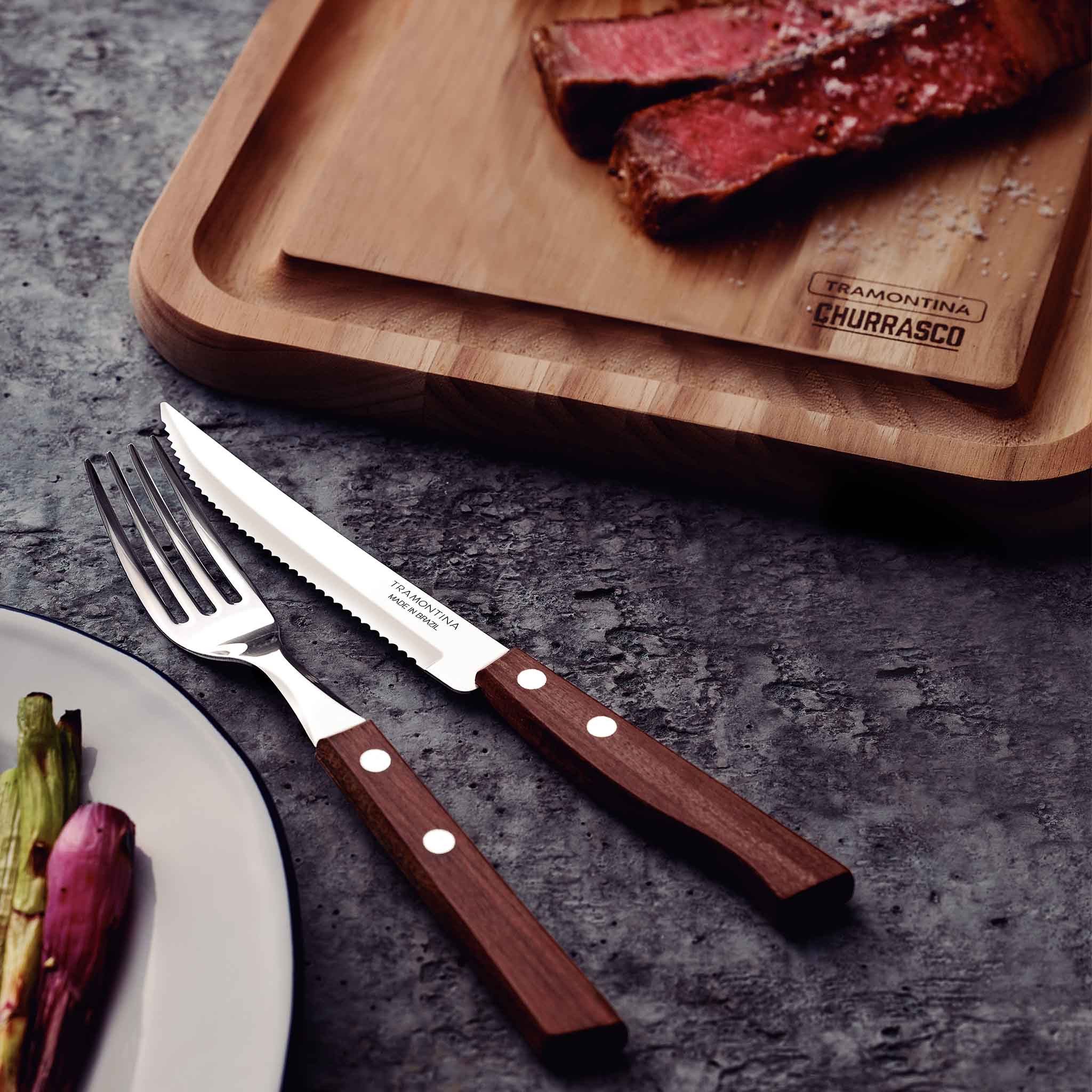 Tramontina Steakbesteck TRADICIONAL Steak-/Pizzabesteck - Holzgriff (12-tlg), 6 Personen, Edelstahl, 12-teiliges Set, rostfreier Edelstahl, Holzgriff