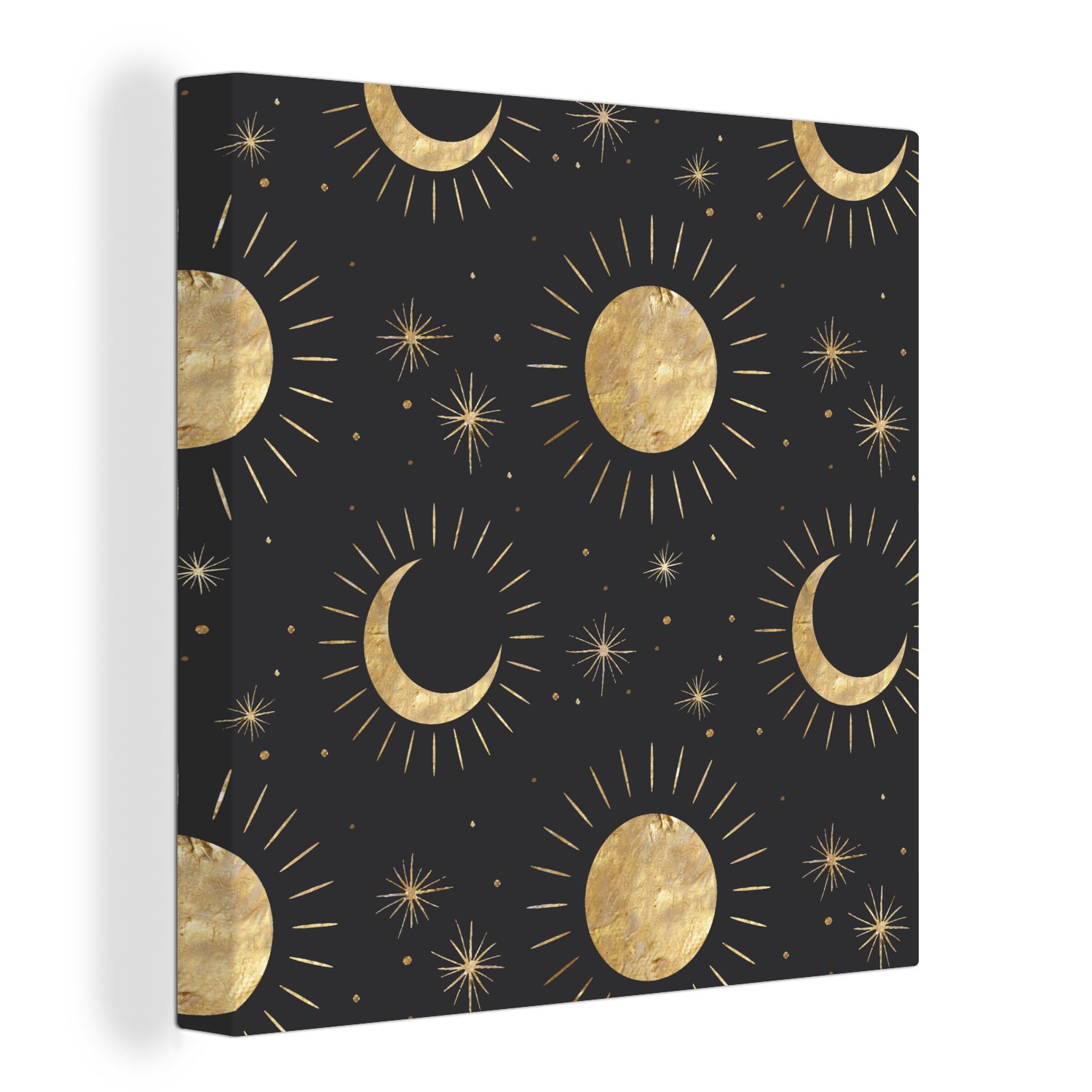 OneMillionCanvasses® Leinwandbild Muster - Mond - Sonne - Gold, (1 St), Leinwand Bilder für Wohnzimmer Schlafzimmer