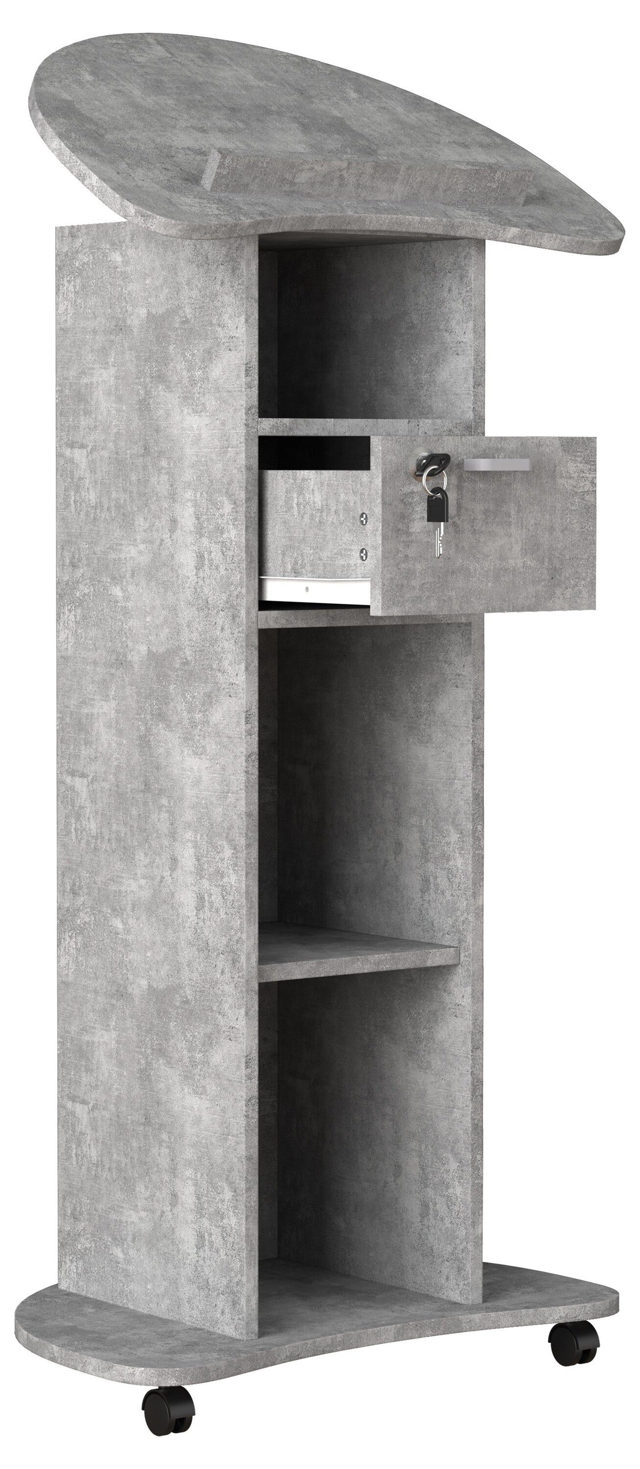 VCM Stehpult Rednerpult Redola H. 110 bis 120 cm x B. 56 cm x, Holz mobiles Rednerpult, rollbar mit Schublade, Stehtisch, Schreibpult