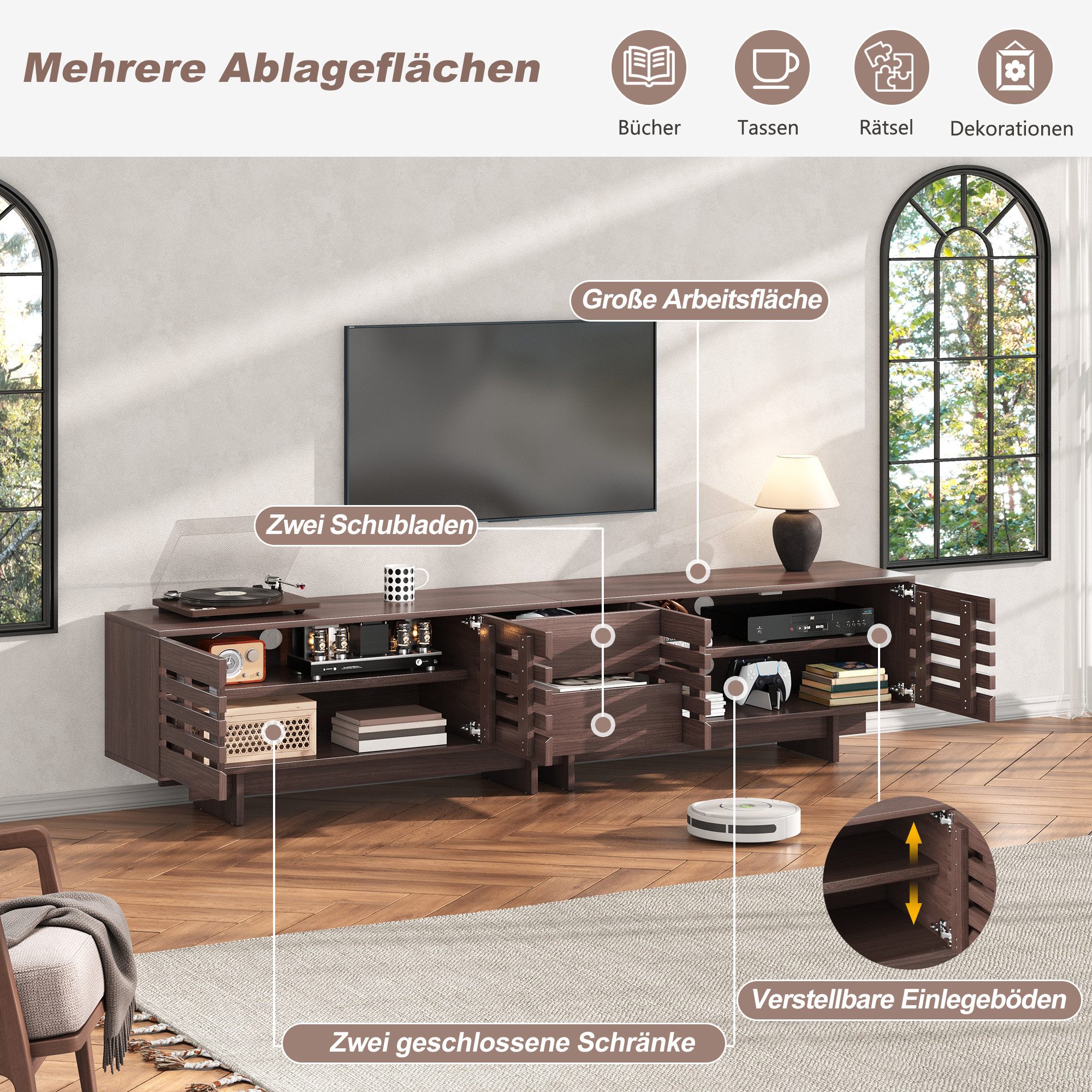 Merax Lowboard in Walnuss Holzoptik (1 St., Fernsehtisch für bis 80 Zoll), TV Schrank mit 4 Flügeltüren, 2 Schubladen & 6 Fächer, 200×39,5×55cm – Bild 4 von 5