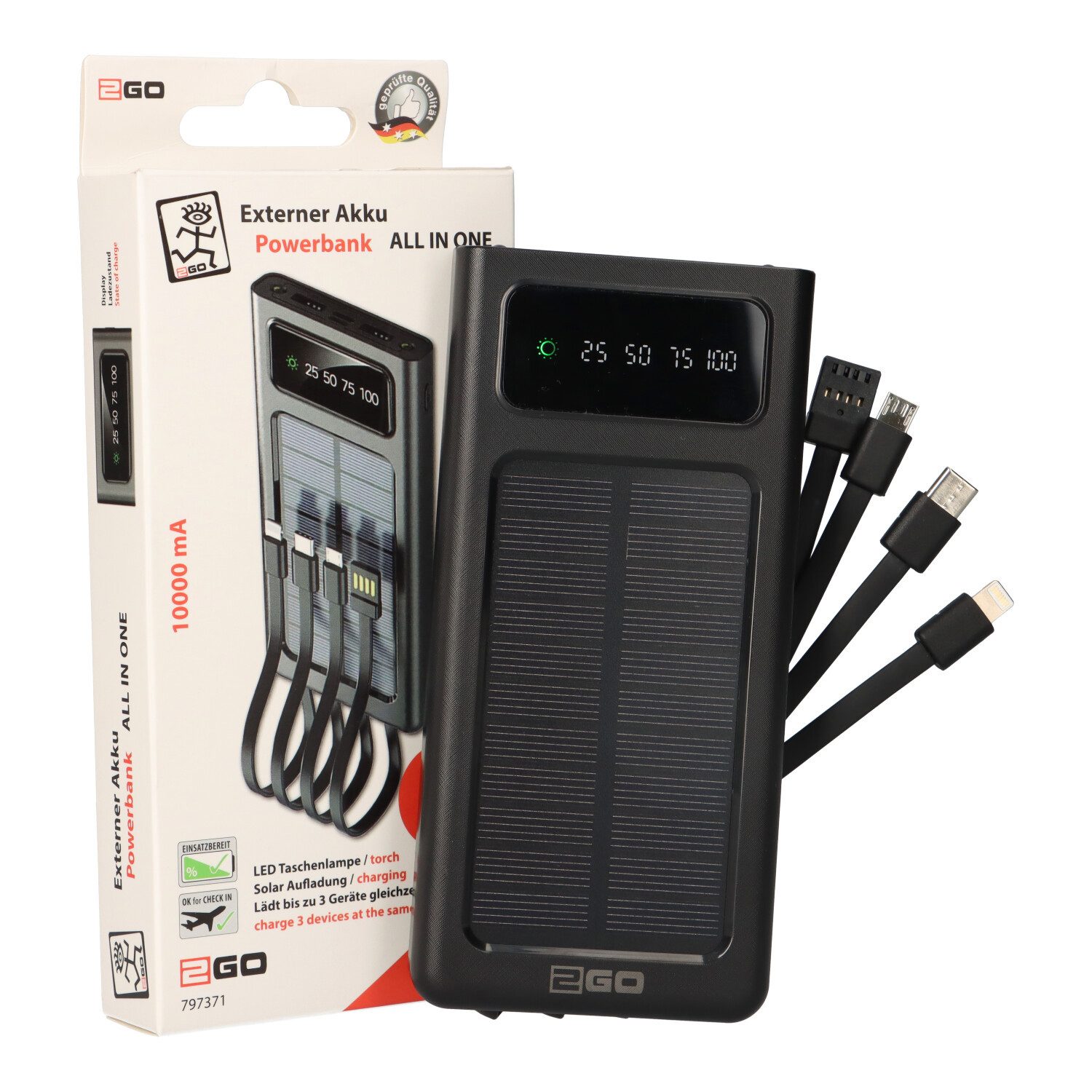 2GO Powerbank All In One 10000mAh mit Solarpanel Solar Powerbank