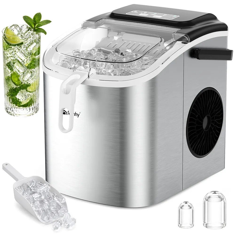 Ruhhy Eiswürfelbehälter Eiswürfelmaschine Eisbereiter Eiswürfelautomat, Edelstahl, (Spar-Set, 1-tlg., 24x29x27, 5 cm kompakt), 12 kg/24h, Kompressor, 2 Würfelgrößen