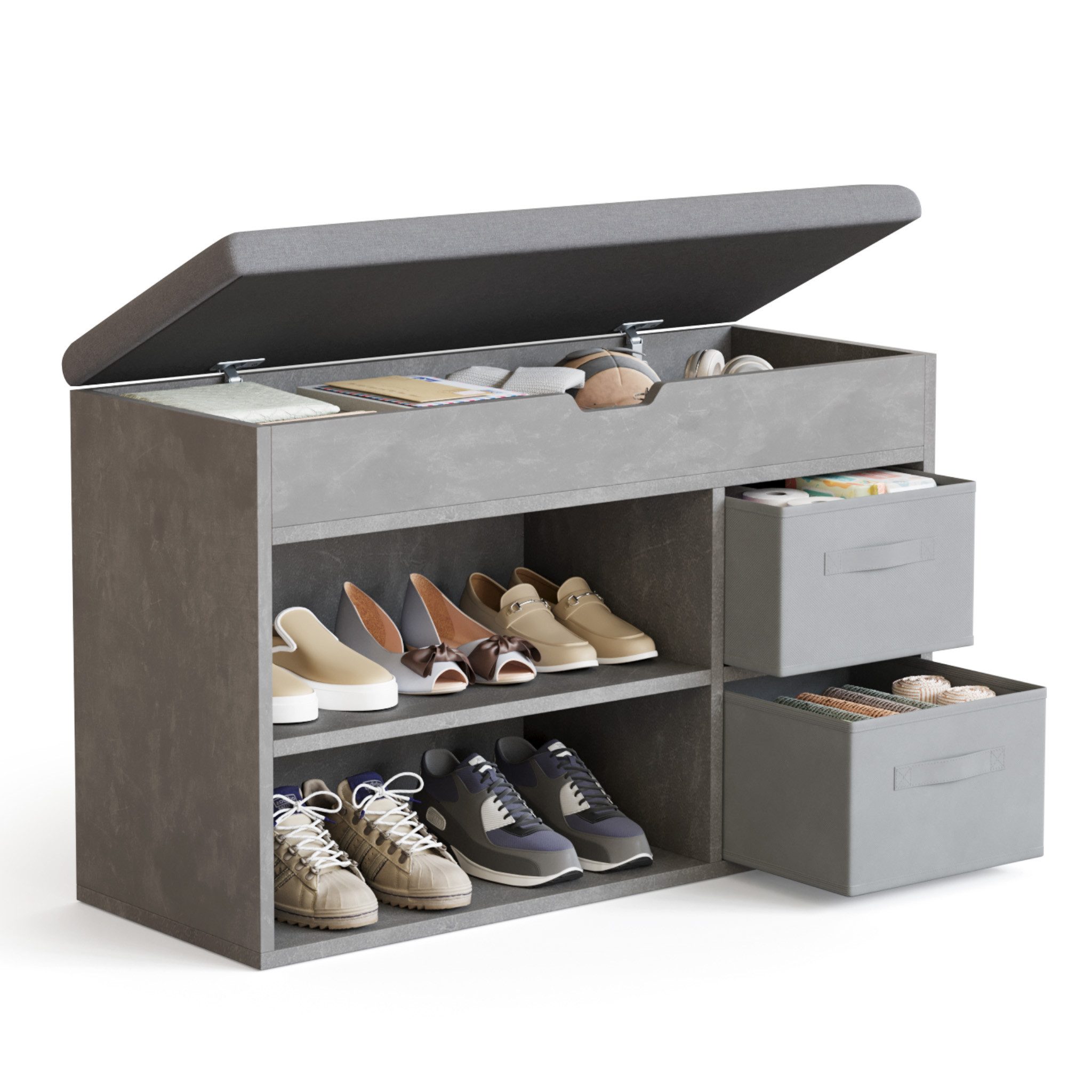 Mondeer Schuhbank Schuhhocker (80 x 48 x 30 cm), Holzschuhablage mit Stoffschublade und aufklappbarem Sitzfläche – Bild 3 von 5