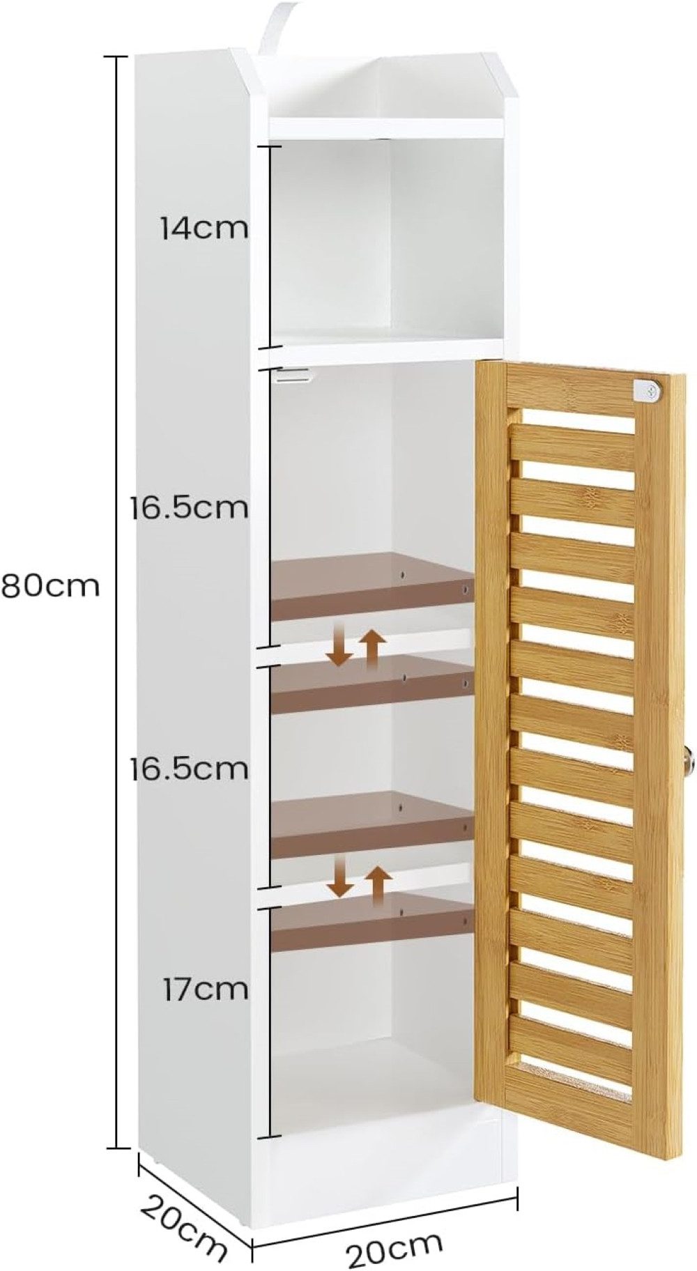 MSMASK Badregal Badezimmerschrank, Toilettenschrank, Beistellschrank 20×20×80 cm, 1-tlg., mit 2 offenen Fächern & Verstellbare Ablagen