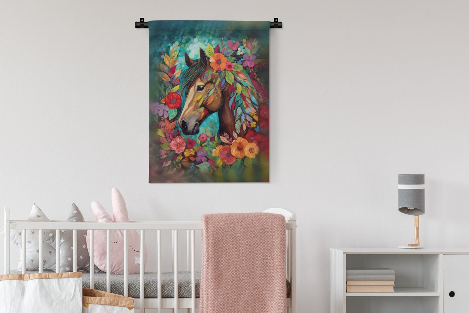 - Natur an - Malerei Wanddekoobjekt Blumen Pferd für Deko MuchoWow - Tapisserie, Wand, der Farbe, Wohnzimmer, Schlafzimmer -