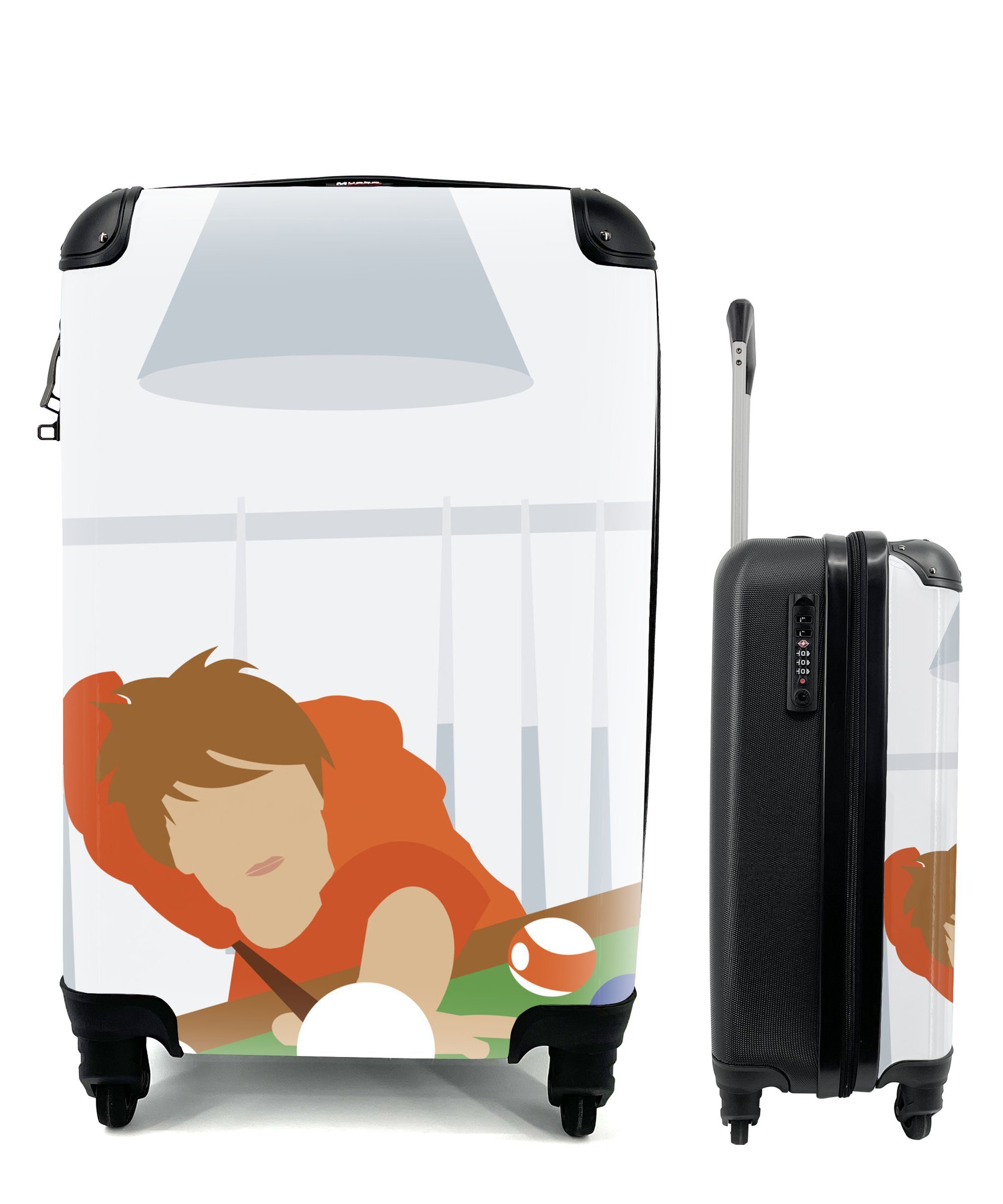 MuchoWow Handgepäckkoffer Eine Illustration eines Mannes, der beim Billard stößt, 4 Rollen, Reisetasche mit rollen, Handgepäck für Ferien, Trolley, Reisekoffer