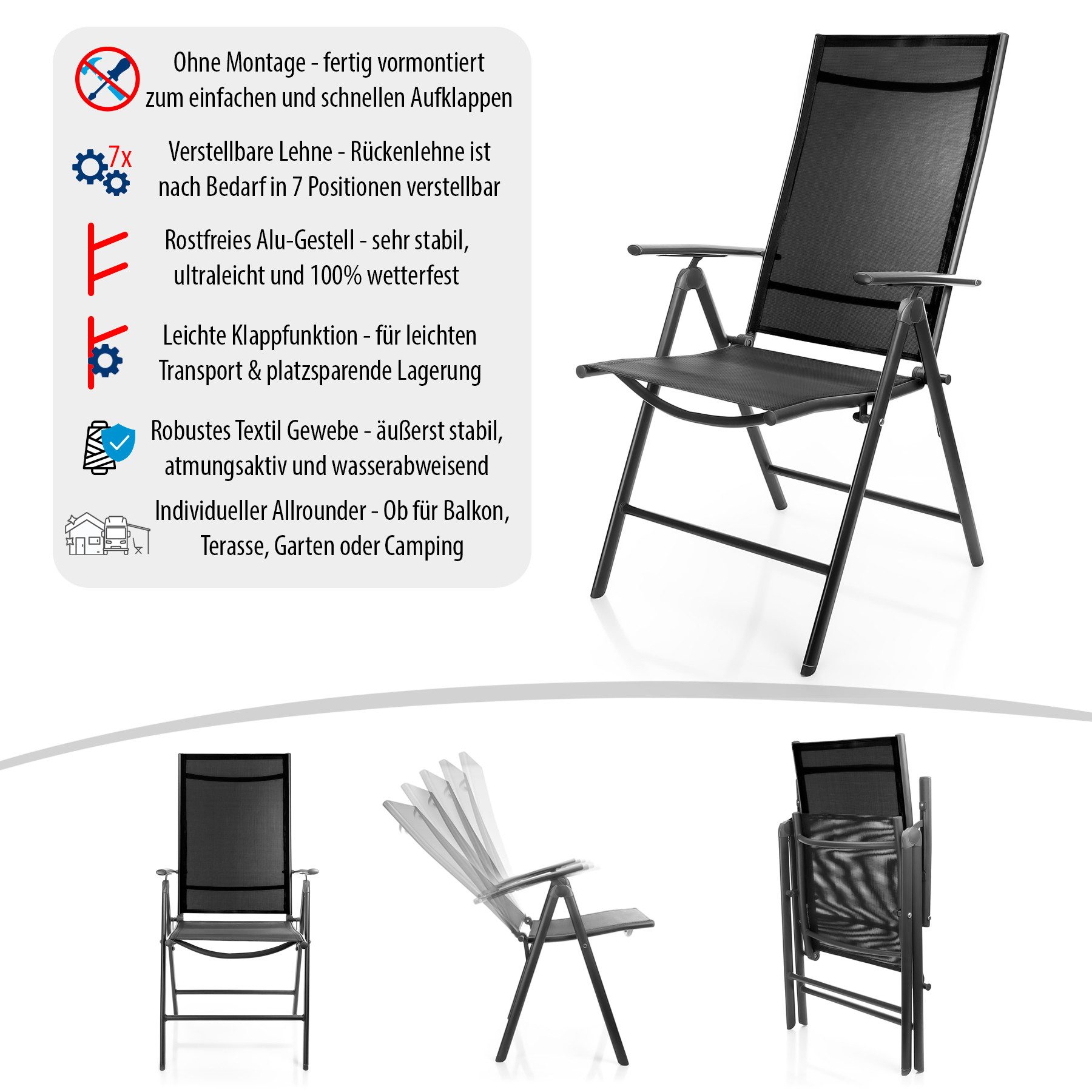 BigDean Gartenstuhl klappbar – bis 120 kg – 7-fach verstellbare Lehne – Balkon & Garten (Packung, 2 St), Belastbar, Vielseitig, Verstellbar, Robust, Wetterfest, Pflegeleicht.