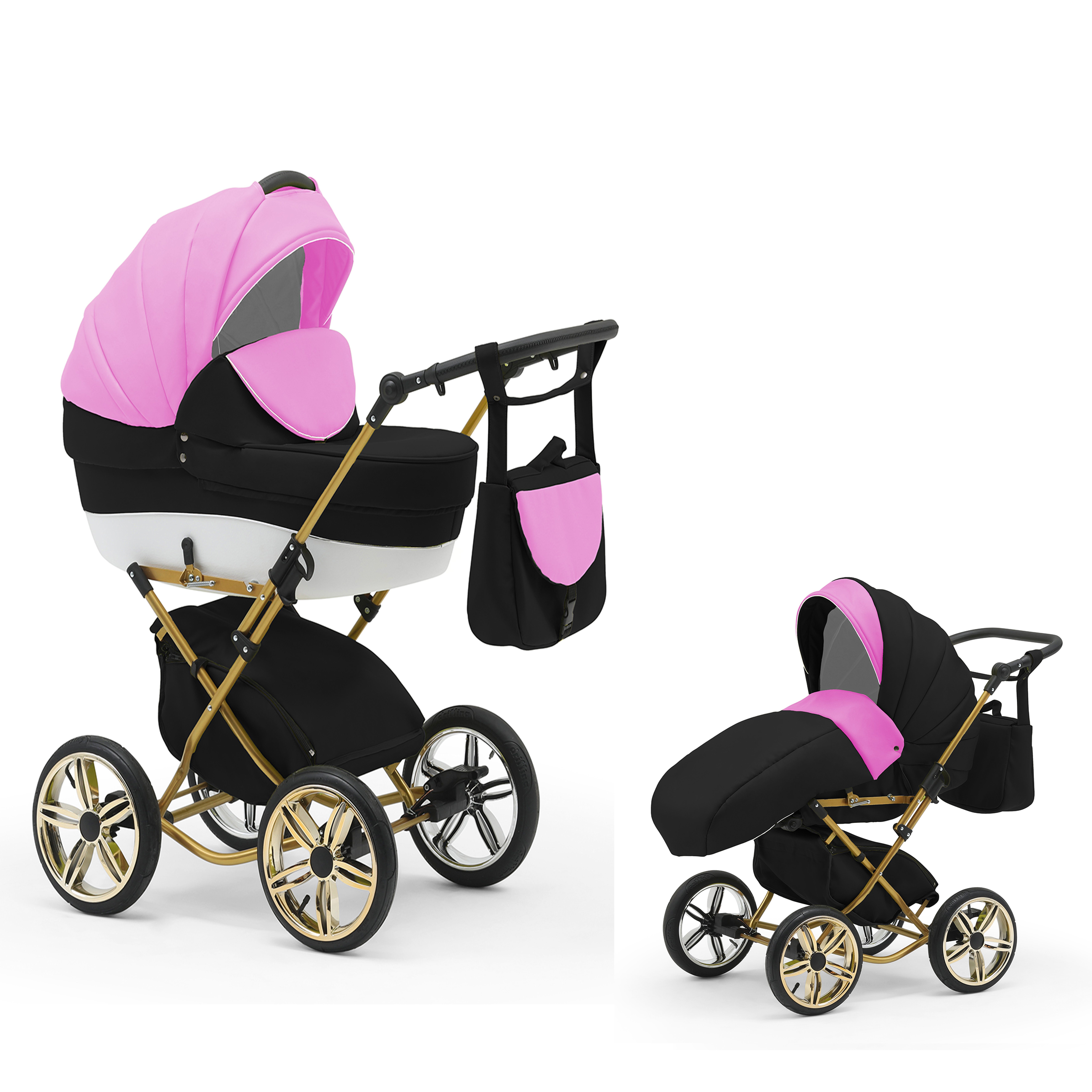 babies-on-wheels Kombi-Kinderwagen Sorento 2 in 1 - 11 Teile - von Geburt bis 4 Jahre in 30 Designs Pink-Weiß-Schwarz