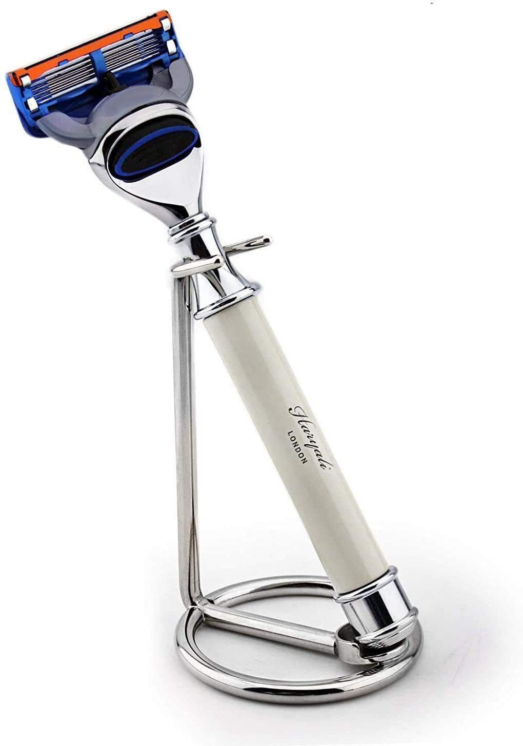 Haryali London Nassrasierer 5 Edge Fusion-kompatibler Herrenrasierer in Elfenbein + Stahlständer, Kombi-Set, 2-tlg., 1x Gillette Fusion Rasierer, Rasiererhalter-Ständer, perfekt für die tägliche Rasur des Mannes