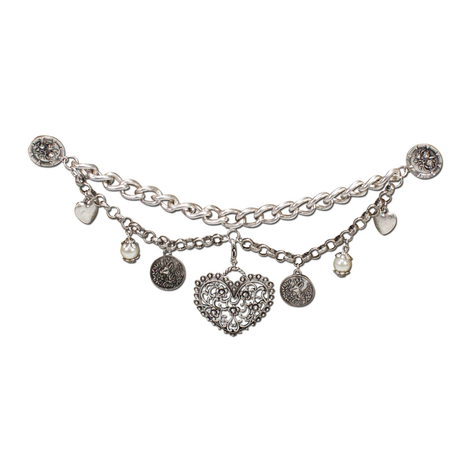 Alpenflüstern Kette mit Anhänger Dirndl-Charivari Leonie mit Pin-Verschluss (antik-silber-farben), - Hochwertiger Damen-Trachtenschmuck mit Trachtenherz und Trophäen-Anh