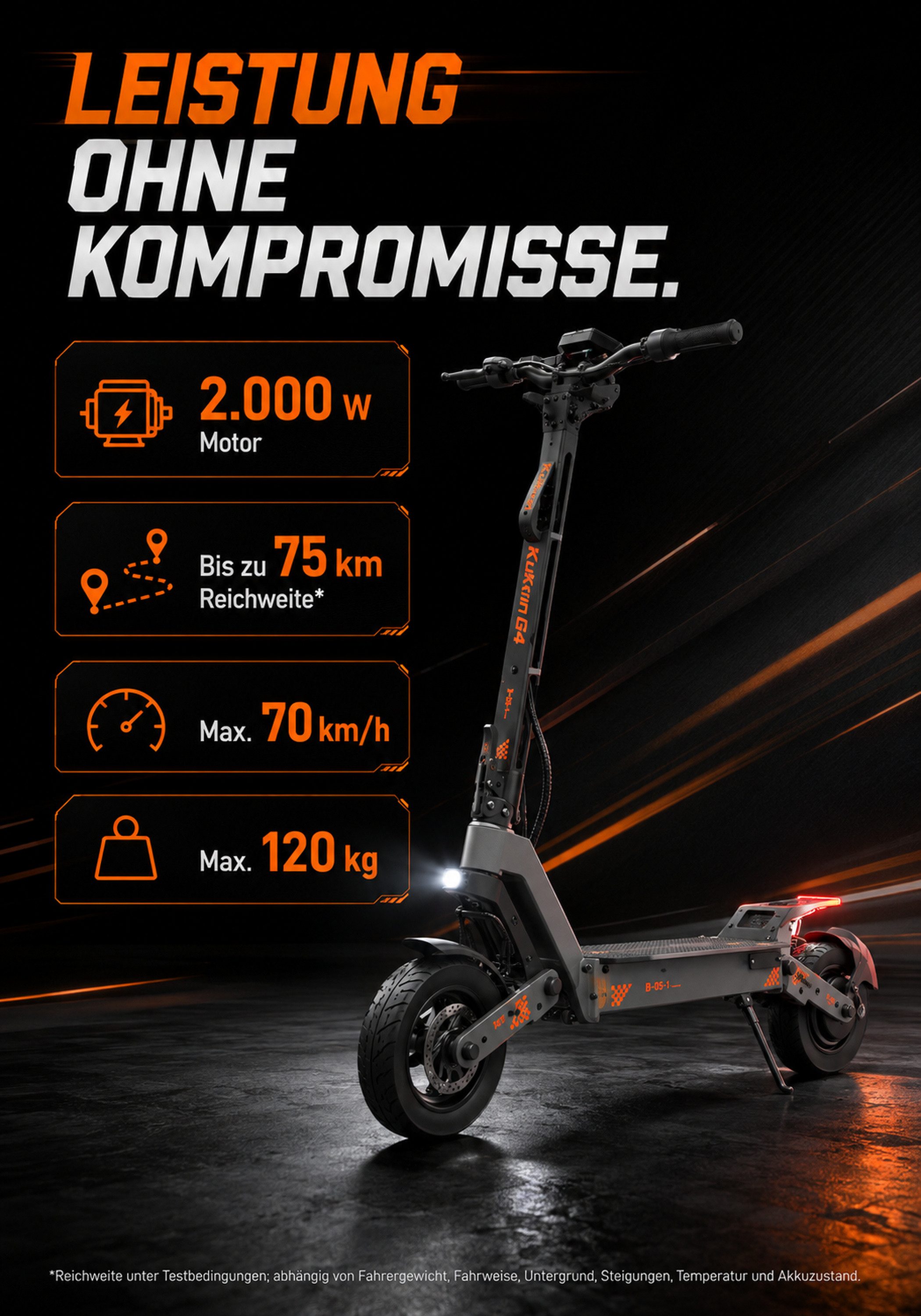 Vankel E-Scooter KuKirin G4 EScooter 2000W 60V 20Ah 75km 70km/h 11 Zoll mit Sitz, Dualfederung LED Display Scheibenbremse IP54 2400W max. Leistung – Bild 3 von 5