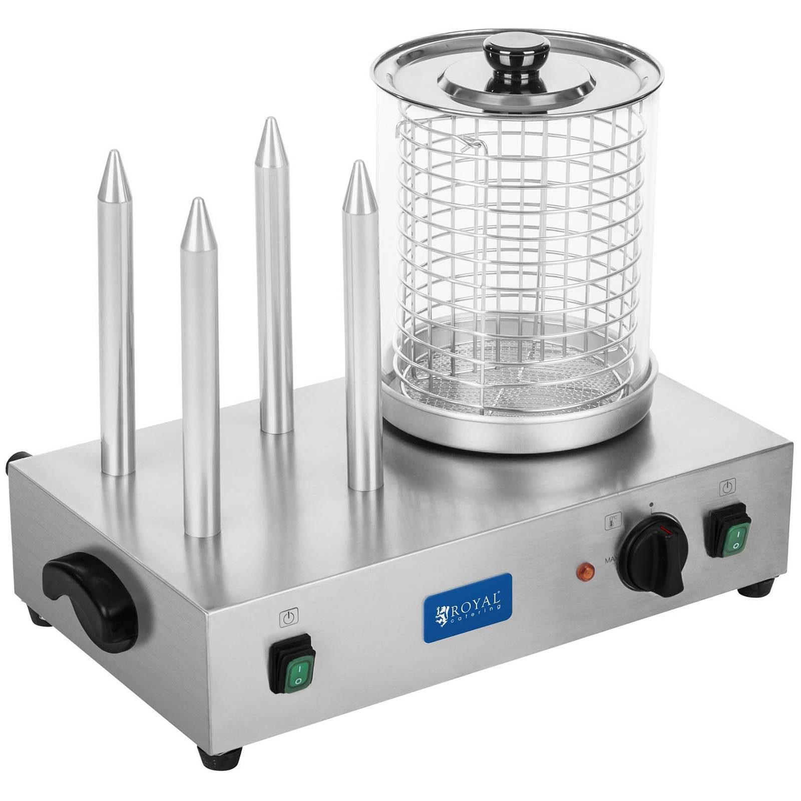 Royal Catering Hotdog-Maker Hot Dog Würstchenwärmer 30 Würstchen Toaststangen 4 Brötchen Toaster, 1100 W