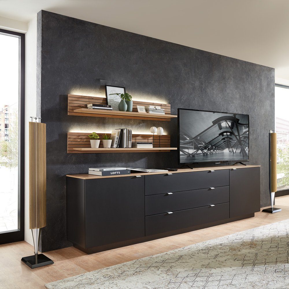 Lomadox Wohnwand CUST-36, (3-St., 3-tlg), Set mit 2 Wandboards schwarz mit Eiche 240 cm Fernsehschrank