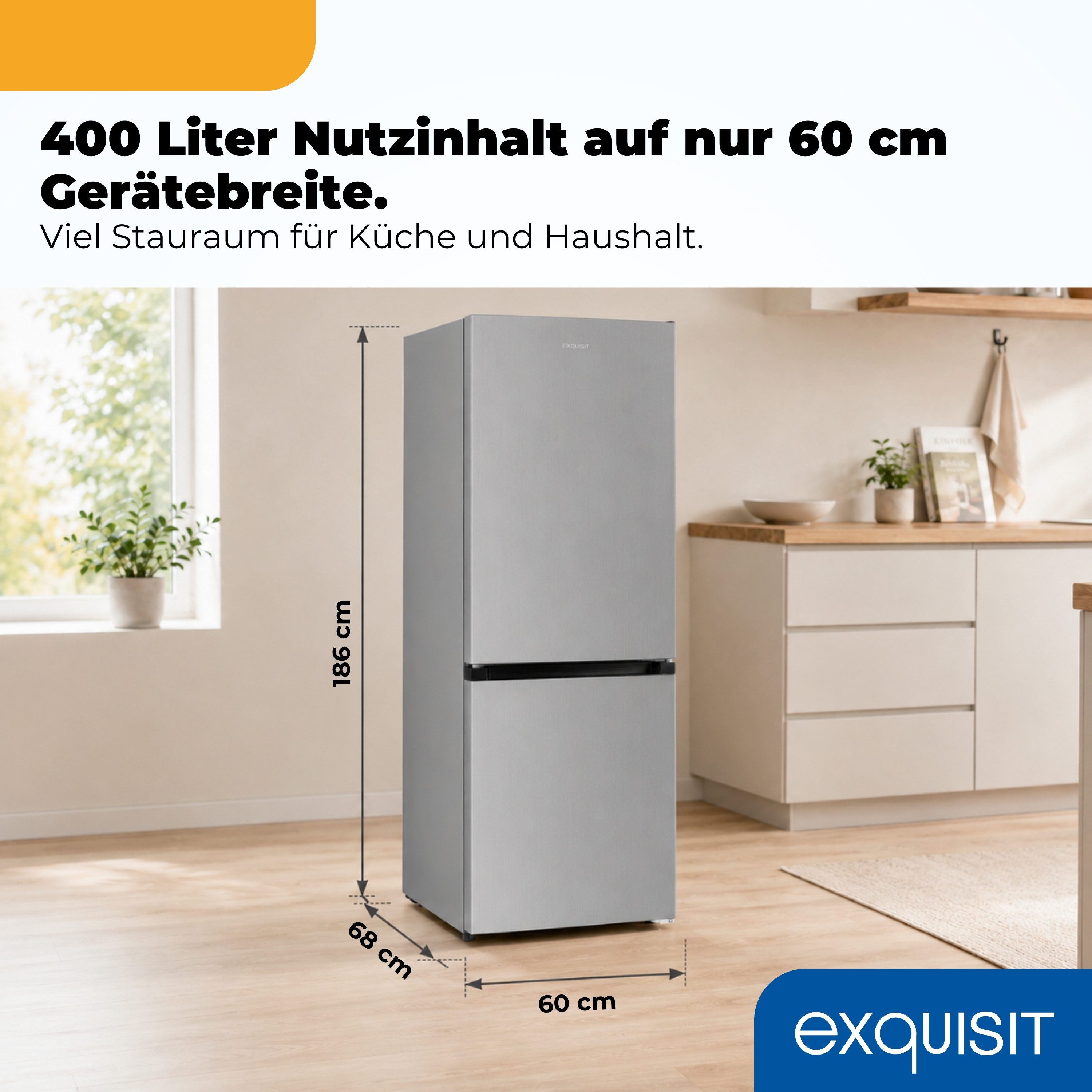 exquisit Kühl-/Gefrierkombination KGC5400-130-NF-040D, 186 cm hoch, 60 cm breit, 400 l, LED Beleuchtung, 37 dB Geräuschklasse C