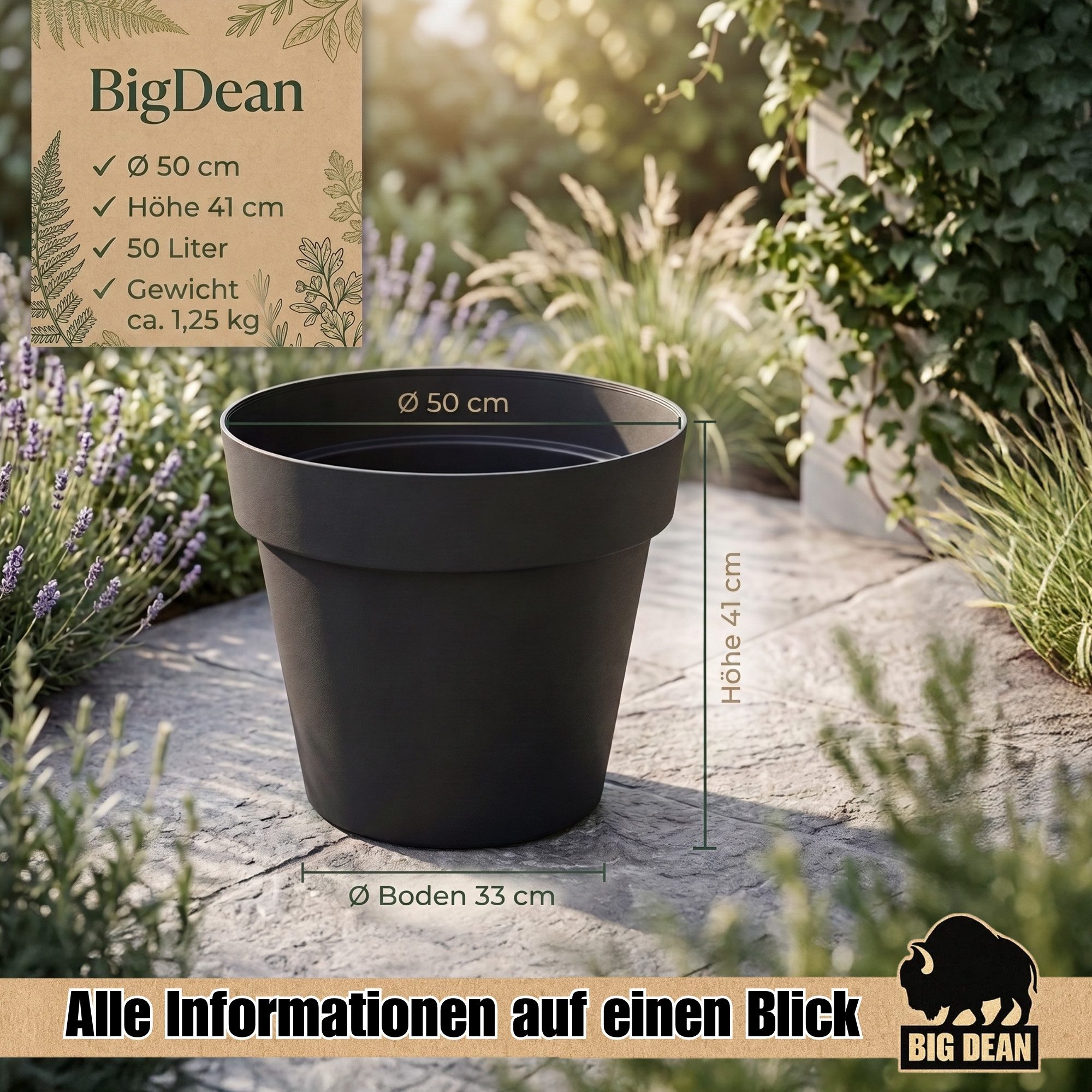 BigDean Blumentopf Pflanzkübel groß Anthrazit Classic mit integriertem Wasserspeicher (1 St), Wetterfester Kunststoff, Integrierter Zwischenboden – Bild 3 von 5