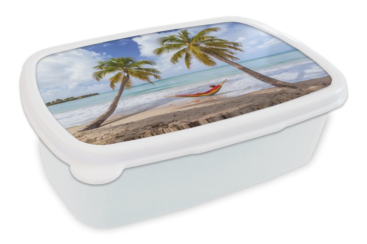 - Mädchen weiß Brotbox (2-tlg), Erwachsene, für Kinder Kunststoff, und Brotdose, und für Jungs Palmen MuchoWow Hängematte, Strand - Lunchbox