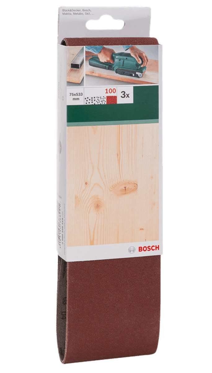 BOSCH Bohrfutter Bosch Schleifband 3 Stück, 75 x 533 mm Körnung100 für Bandschleifer