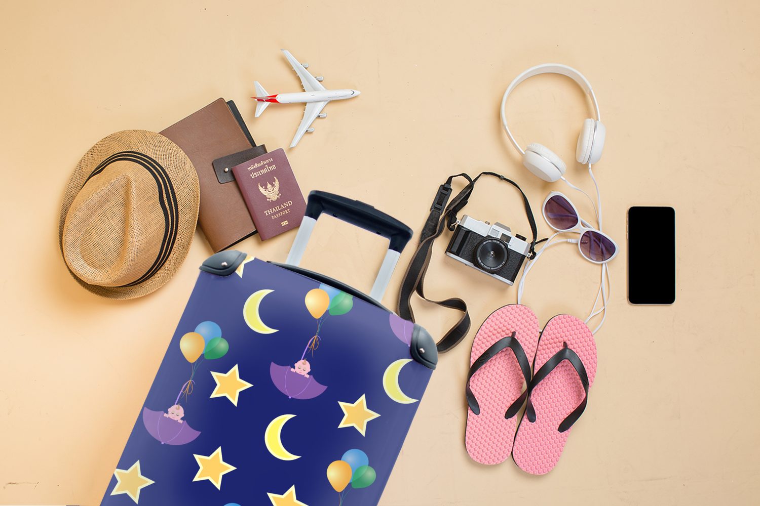 MuchoWow Reisetasche Trolley, - rollen, Geburt, Regenschirm Sterne Handgepäck - 4 Muster Rollen, mit Reisekoffer Handgepäckkoffer für - Ferien,