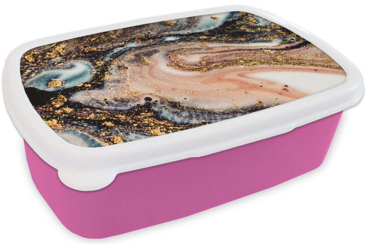 MuchoWow Gold Erwachsene, rosa Kunststoff - Brotbox - Lunchbox Marmoroptik - Snackbox, Schwarz (2-tlg), Glitzer Kunststoff, Brotdose Kinder, Mädchen, - Chic, für