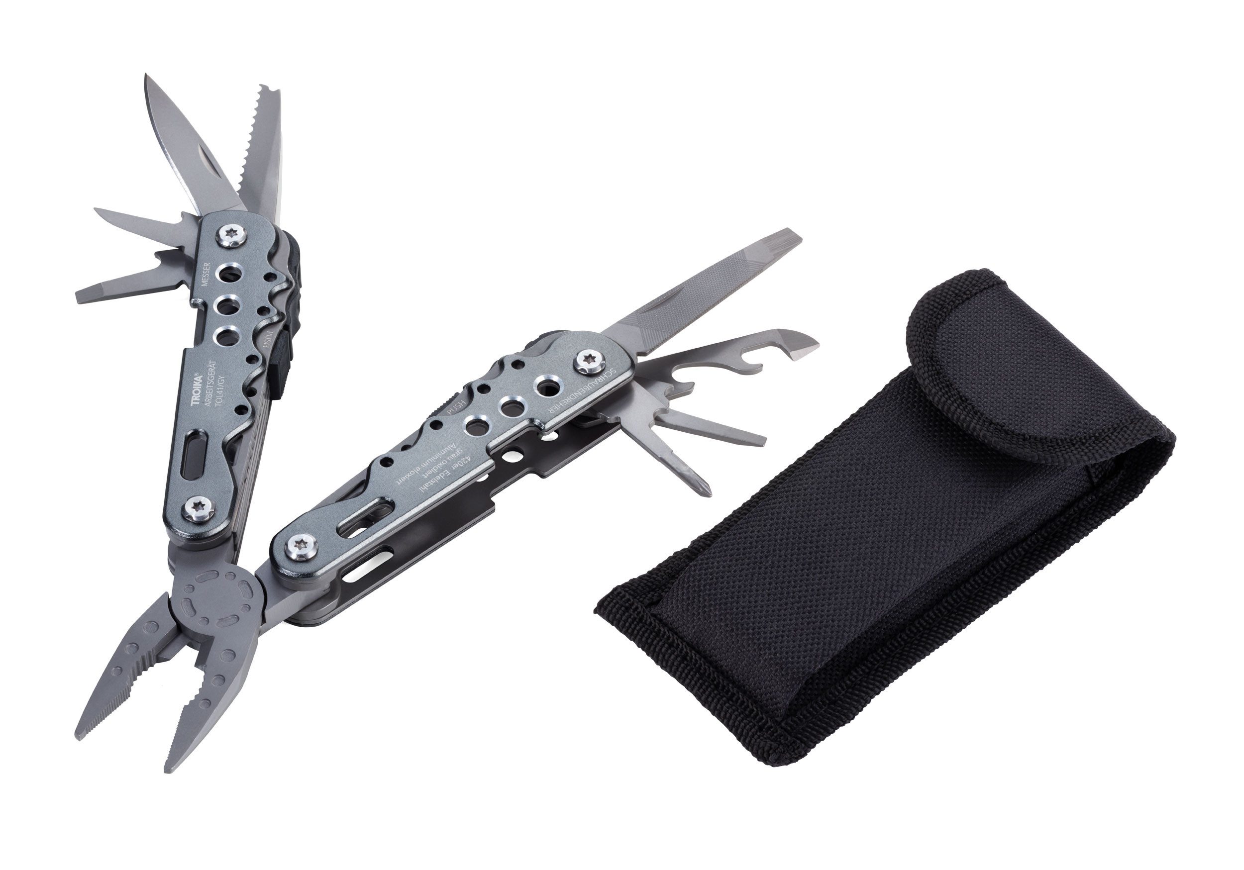 TROIKA Multitool Multifunktionswerkzeuge aus Edelstahl, verschiedene Anwendungsgebiete, mit Zange, Messer, Säge, Schraubendreher & Etui, robustes Material
