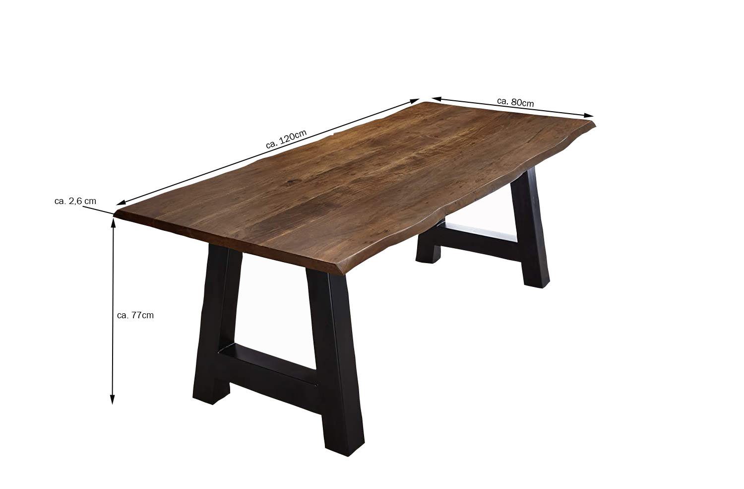 Athen, schwarz A-Gestell nussbaumfarben Junado® massiv 7-tlg. 6x und Baumkante Essgruppe Tisch mit Stühle