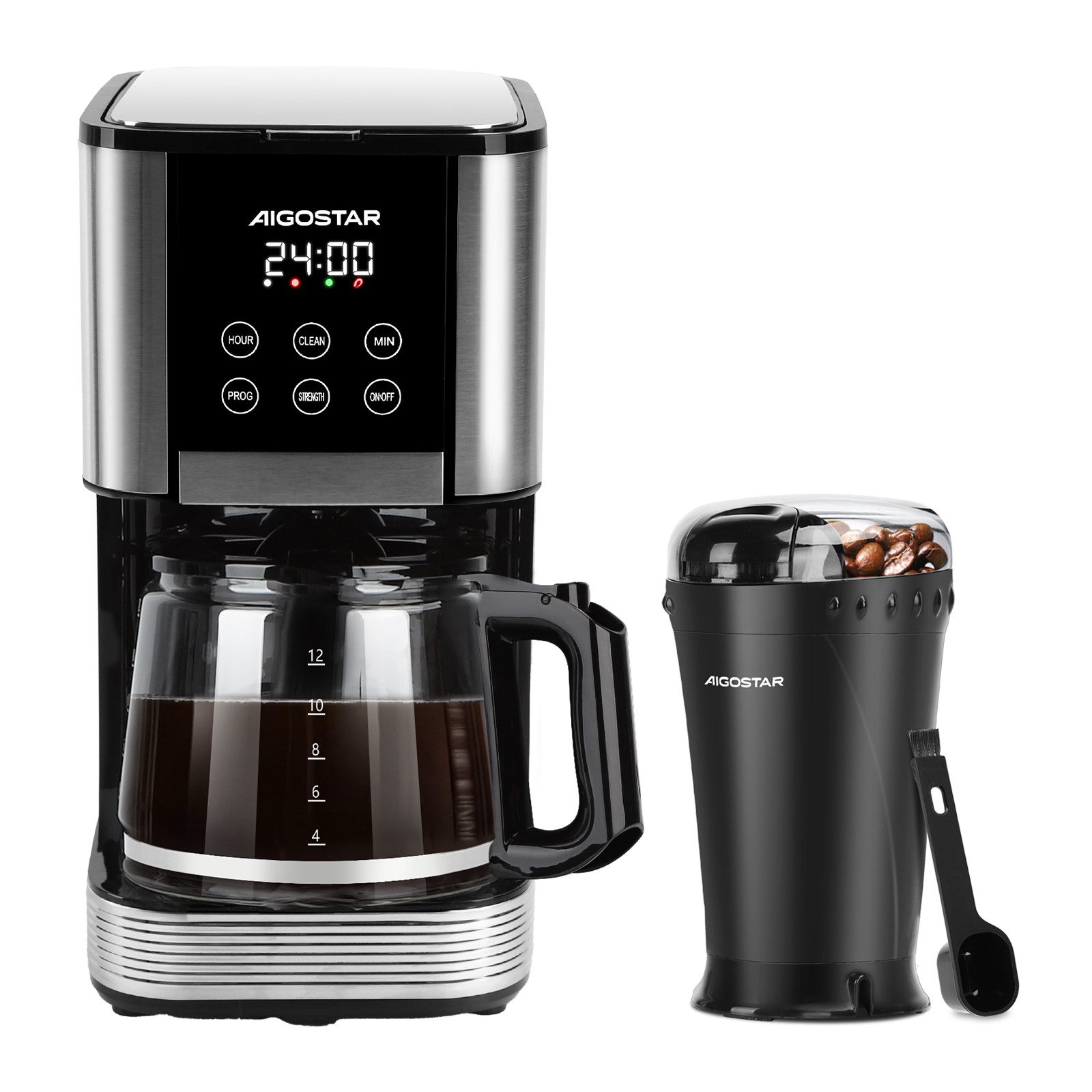 Aigostar Kaffeemaschine mit Mahlwerk, Korbfilter, Programmierbar 24h, Tropf-Stopp, AutoClean, Warmhaltefunktion
