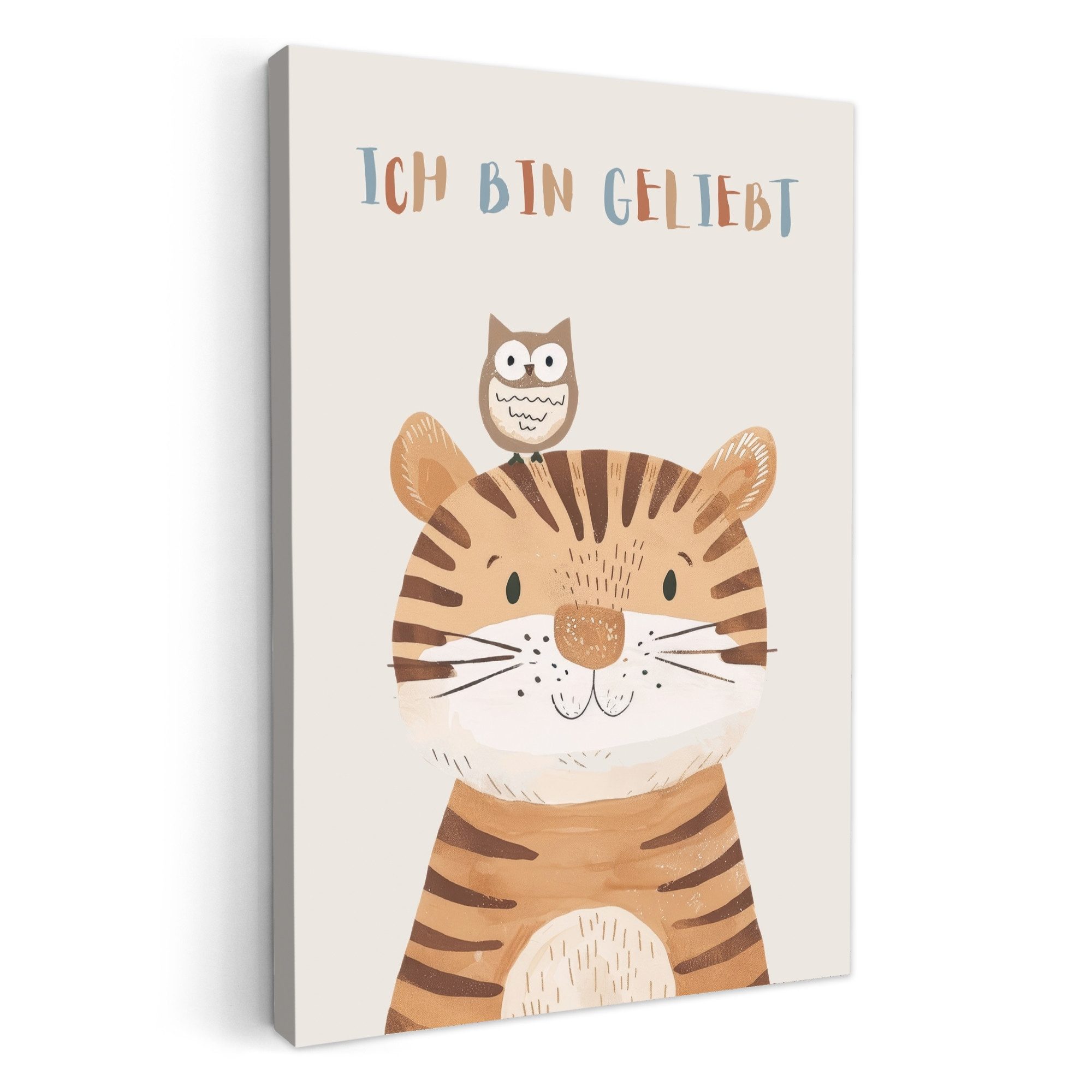 OneMillionCanvasses® Leinwandbild Löwe - Eule - Beige - Tier - Zitat, Fotodruck (1 St), Kinderzimmer Deko, Mädchen und Jungen Bilder 20x30 cm