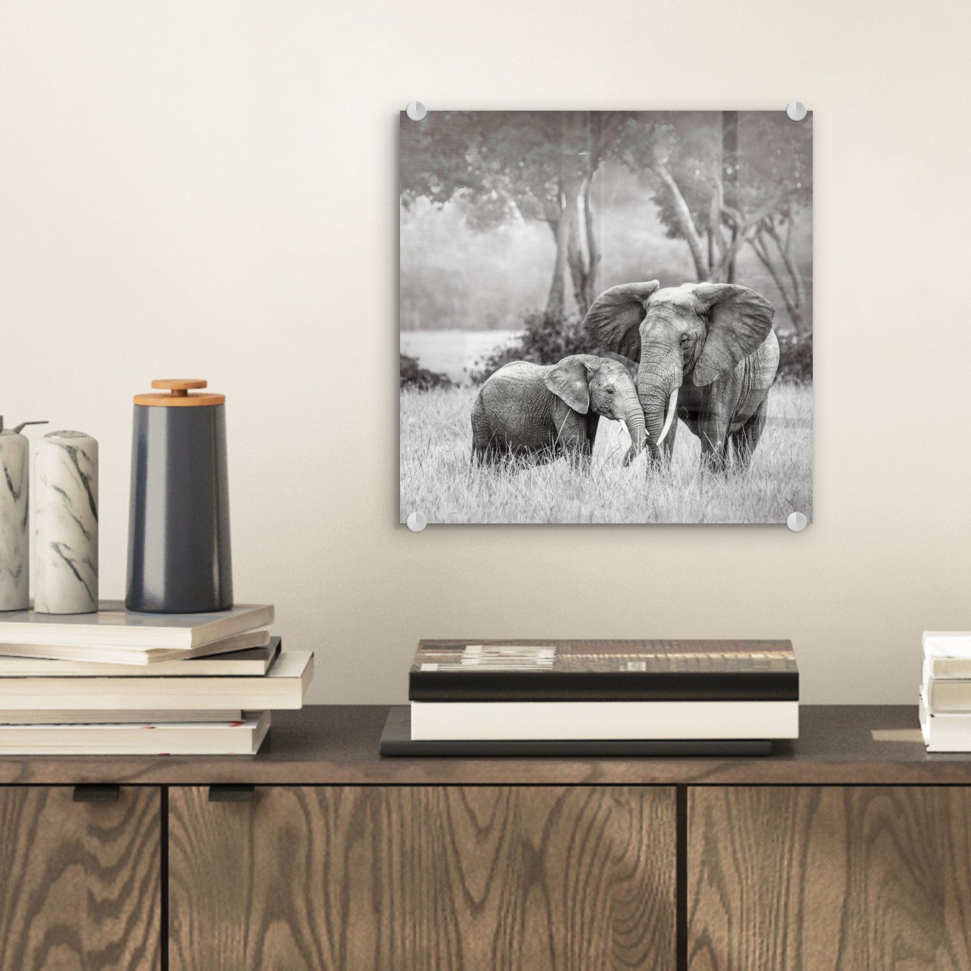 - Acrylglasbild - Schwarz auf Glas - Wandbild Elefant Bilder Glasbilder - weiß, (1 St), Glas Wanddekoration und Foto - Tiere Natur MuchoWow auf -