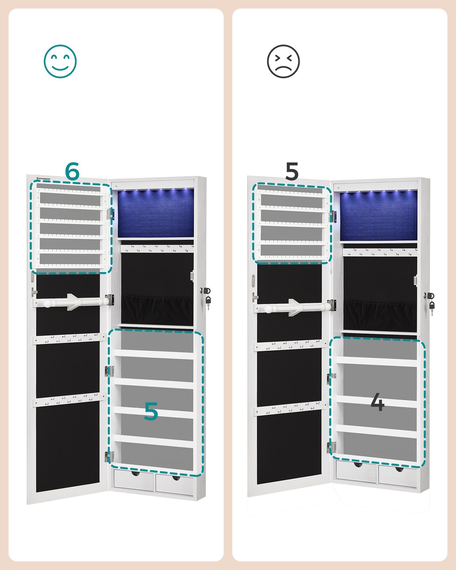 SONGMICS Schmuckschrank mit langem Spiegel, Schmuckaufbewahrung, 2 Schubladen, 37x9,3x108 cm (mit 6 LED-Lampen) zum Aufhängen an der Tür oder zur Befestigung an – Bild 5 von 5