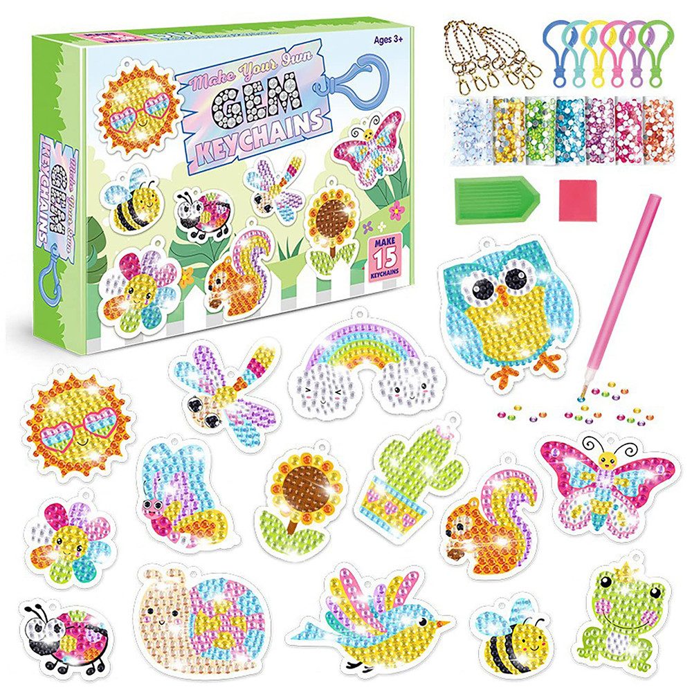 CLTYQ Kreativset Bastelset Kinder, DIY 5D Diamond Painting,15-teiliges,DIY Kunst, Diamantmalerei Schlüsselanhänger Spielzeug,Ab 5-12 Jahre