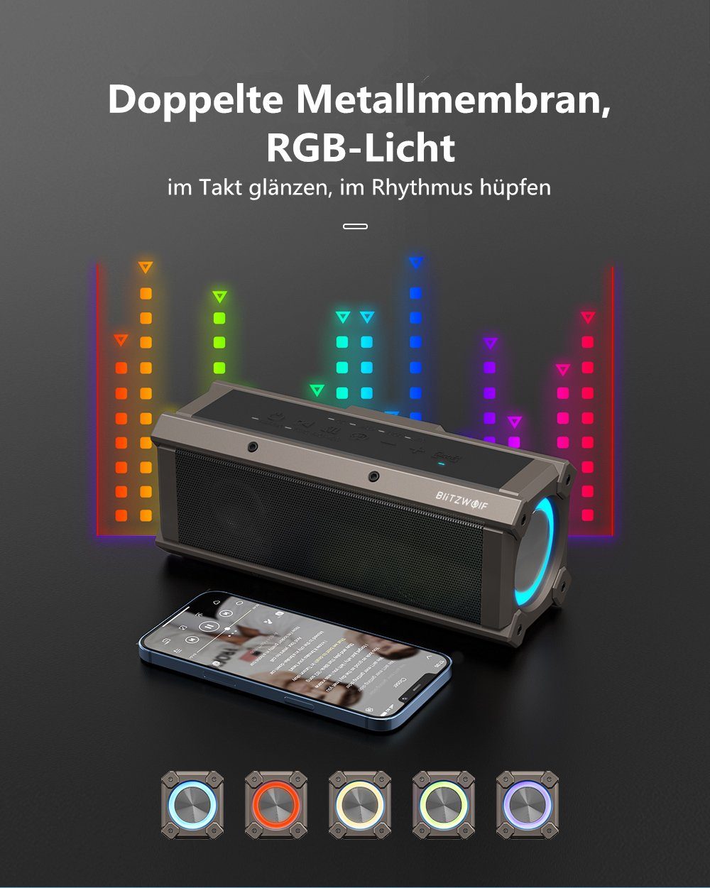 BLiTZWOLF BW-WA3 Bluetooth-Lautsprecher (Bluetooth, 100 W, tragbar Lautsprecher RGB-Licht TWS)