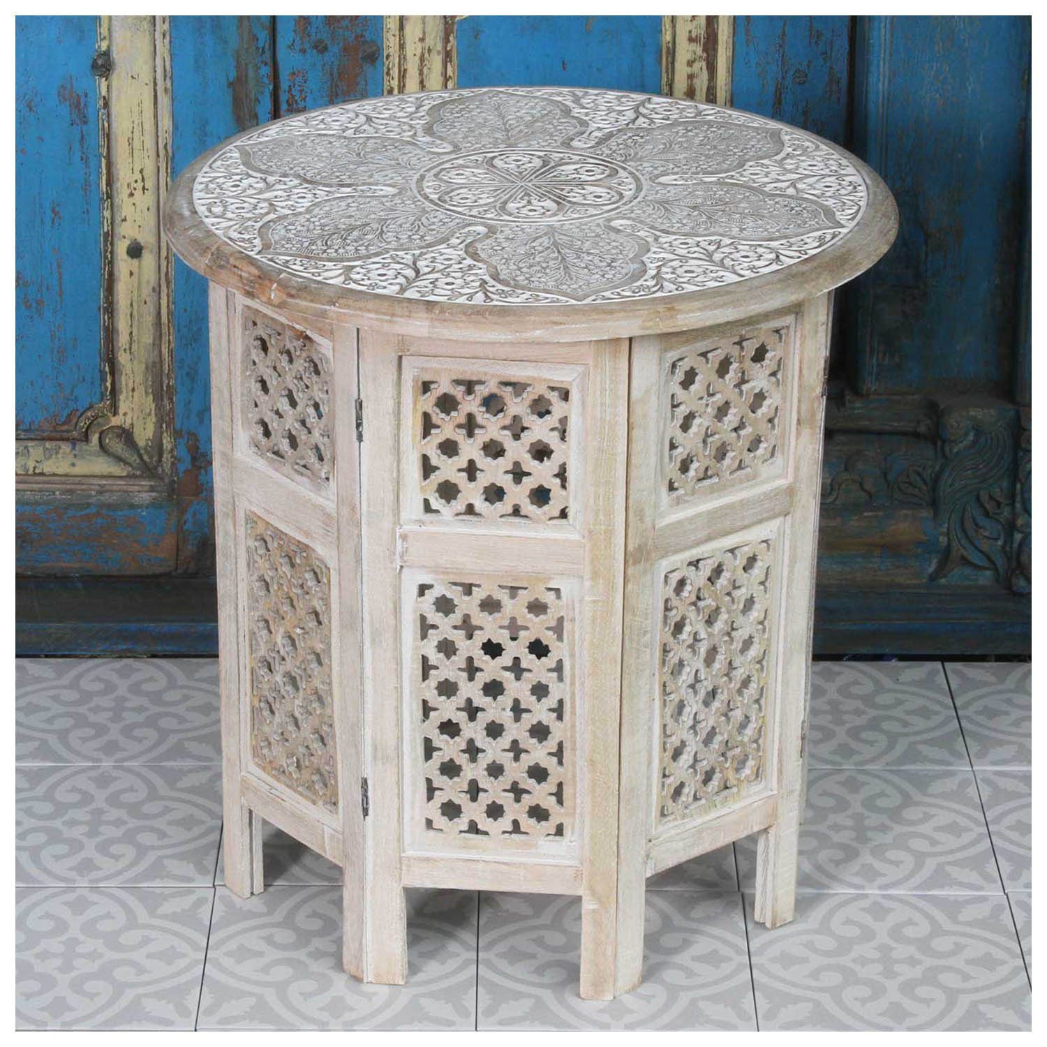 Casa Moro Beistelltisch Orientalischer Beistelltisch Haytam 52x52x54 cm (B/T/H) rund (in Shabby Chic weiß aus Mango Holz handgeschnitzt), Vintage Sofatisch Couchtisch Massivholz NH-5326-B
