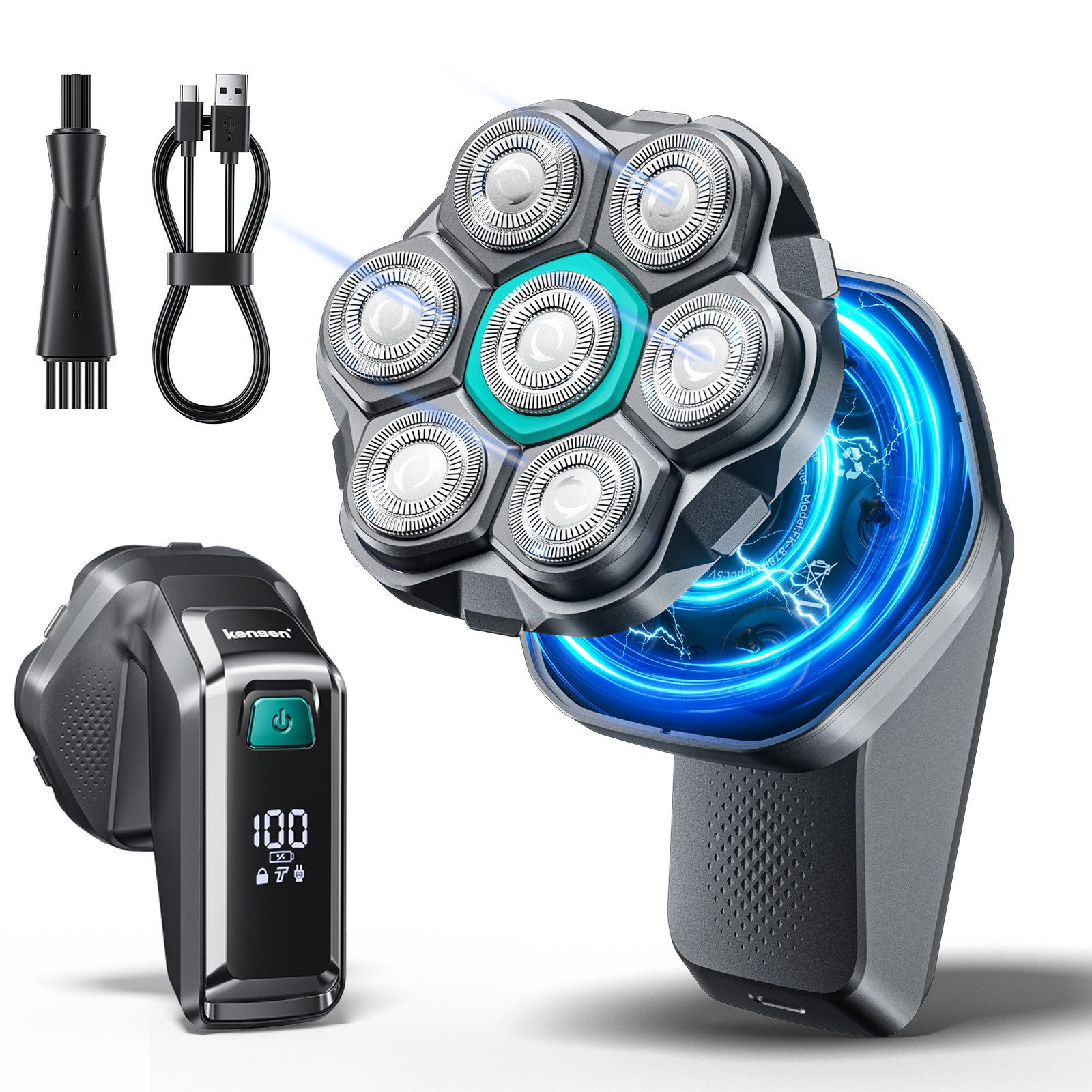 Kensen Haarschneider 7D Glatzenrasierer für Herren, elektrischer Kopfrasierer, IPX6, Magnetischer Scherkopf, 100 Min. Laufzeit, LED-Display, Nass & Trocken