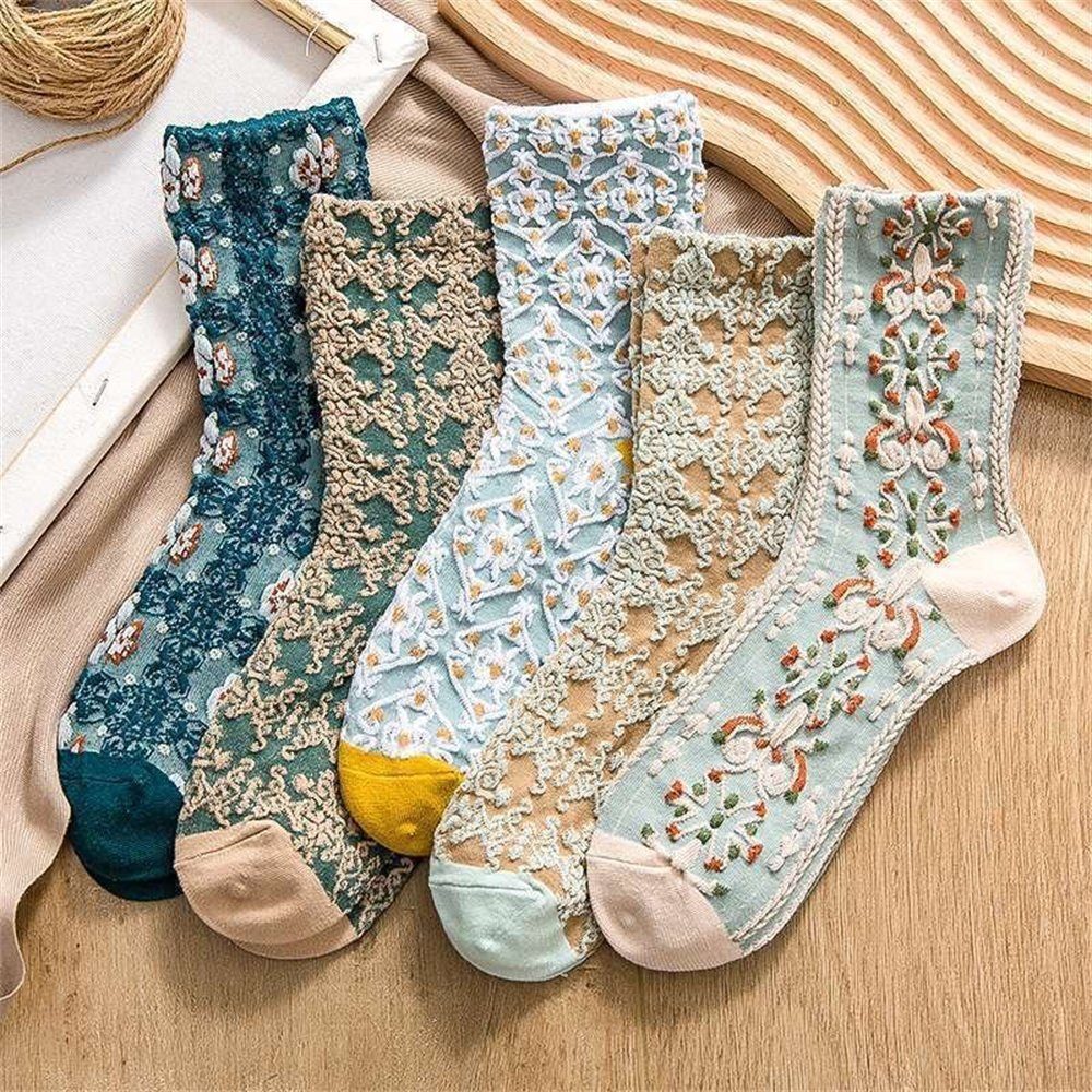 LENBEST Socken Damen Socken, Gestickte Floral Boden Socken Warm Mid Calf Socken (5-Paar)