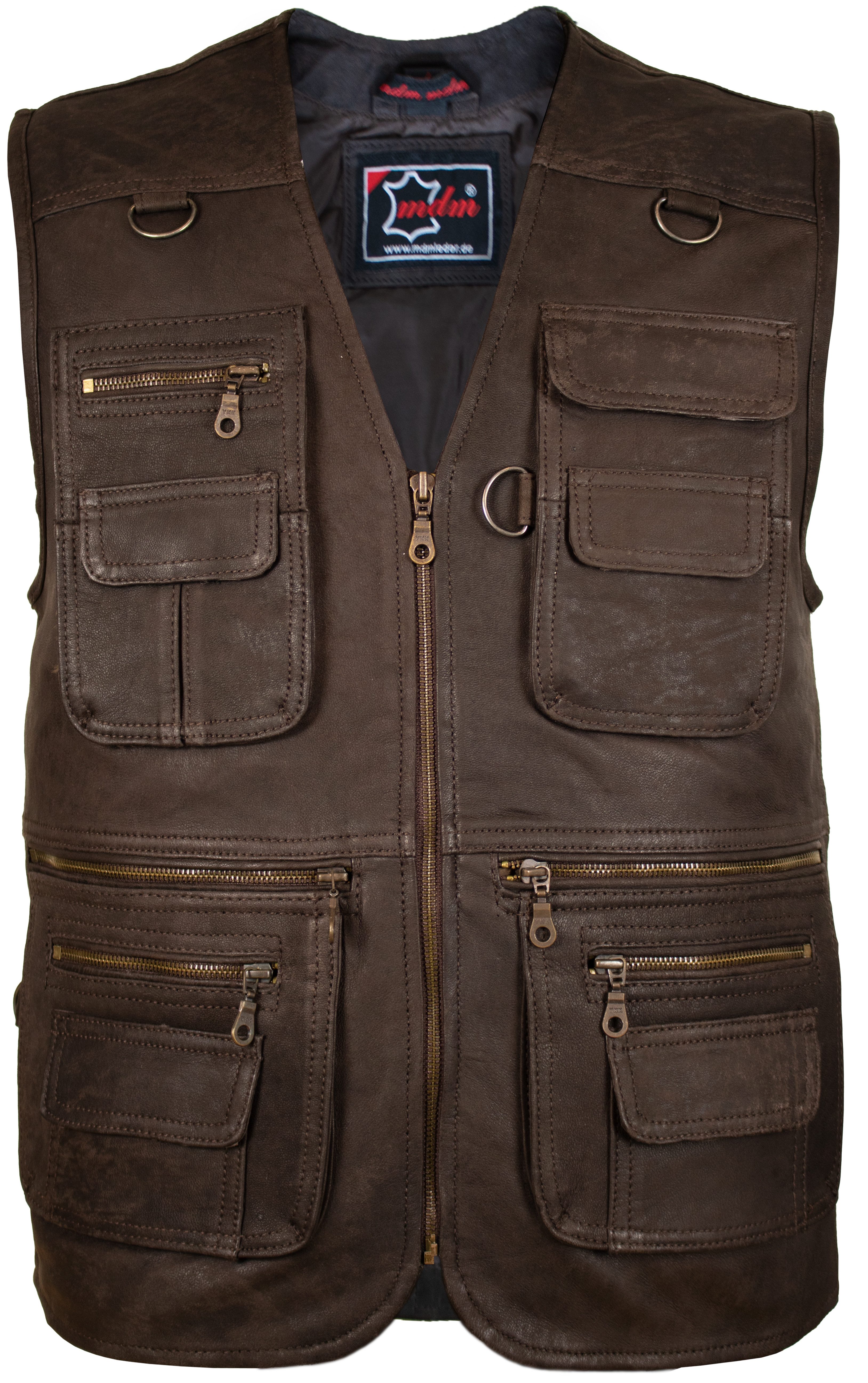 MDM Lederweste Herren Outdoor Jagd Lederweste in Brau Velour Leder Freizeit Lederweste aus Lammnappaleder mit vielen Taschen