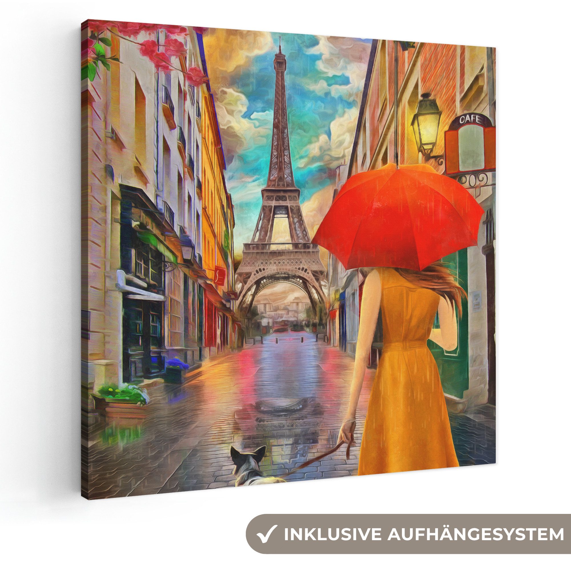 OneMillionCanvasses® Leinwandbild Kunstdrucke - Ölfarbe - Frau - Hund - Paris, Fotodruck (1 St), Leinwandbild, Wandbilder Schlafzimmer 90x90 cm