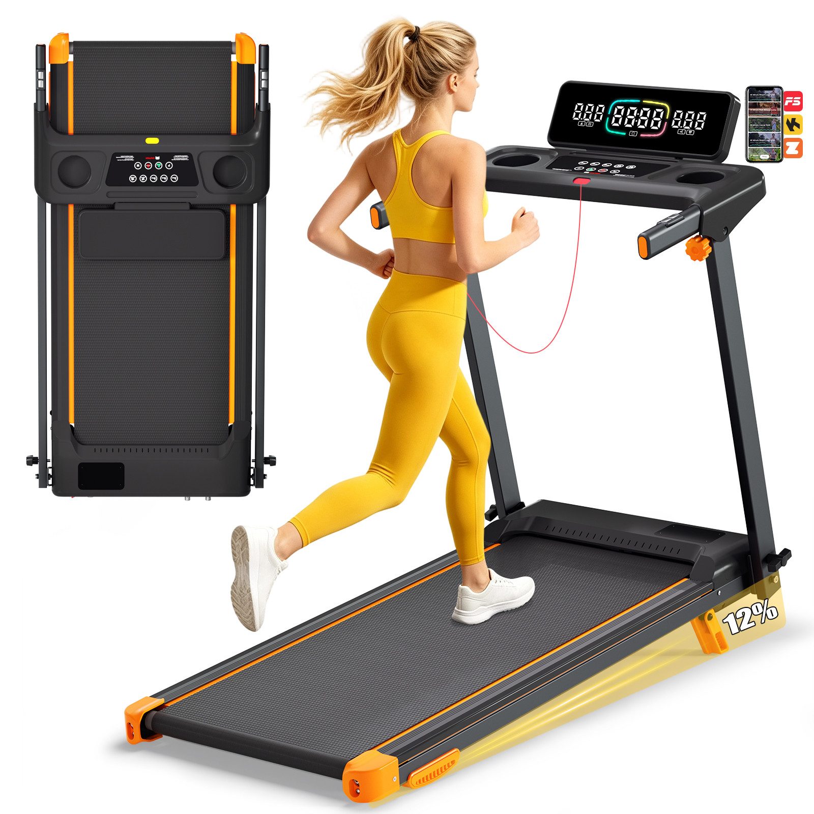 ANYSUN Laufband Klappbares Laufband 1–12 km/h mit Handlauf & LED-Display (3-in-1-Walking-Pad,mit 12 % Steigung,3,0 PS, bis zu 136 kg), mit Herzfrequenzmesser, integrierten Lautsprechern und 12 Programmen