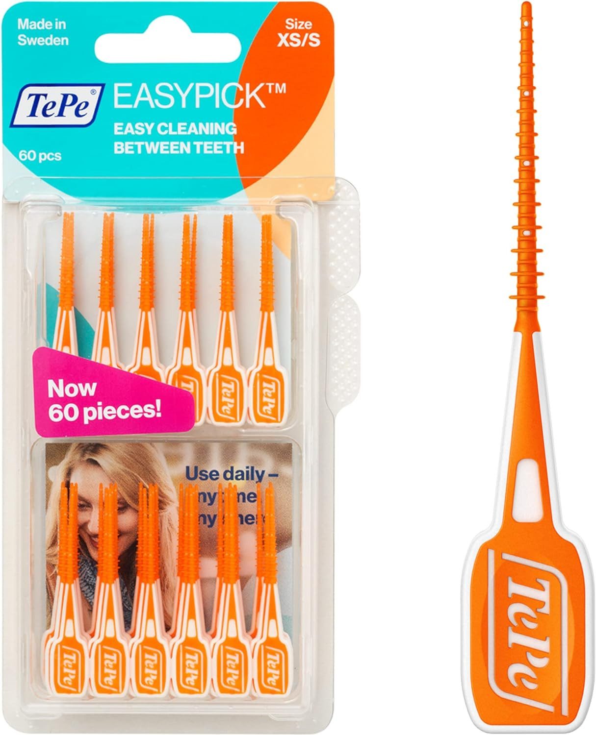 TePe Interdentalbürsten EasyPick Dental Stick, 120 Stück (Doppelpack 2x 60 Stück), Effektive Interdentalreinigung, Sanfte Zahnpflege in Größe XS/S