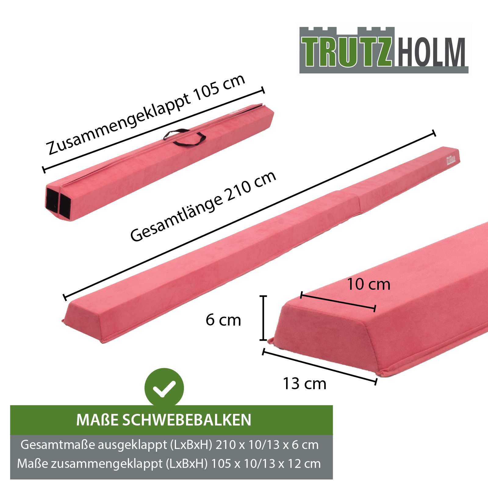 TRUTZHOLM Balanceboard Schwebebalken 210 cm pink Turnbalken mit Tragetasche Balancierbalken, klappbar, tragbar, bodennah, kombinierbar