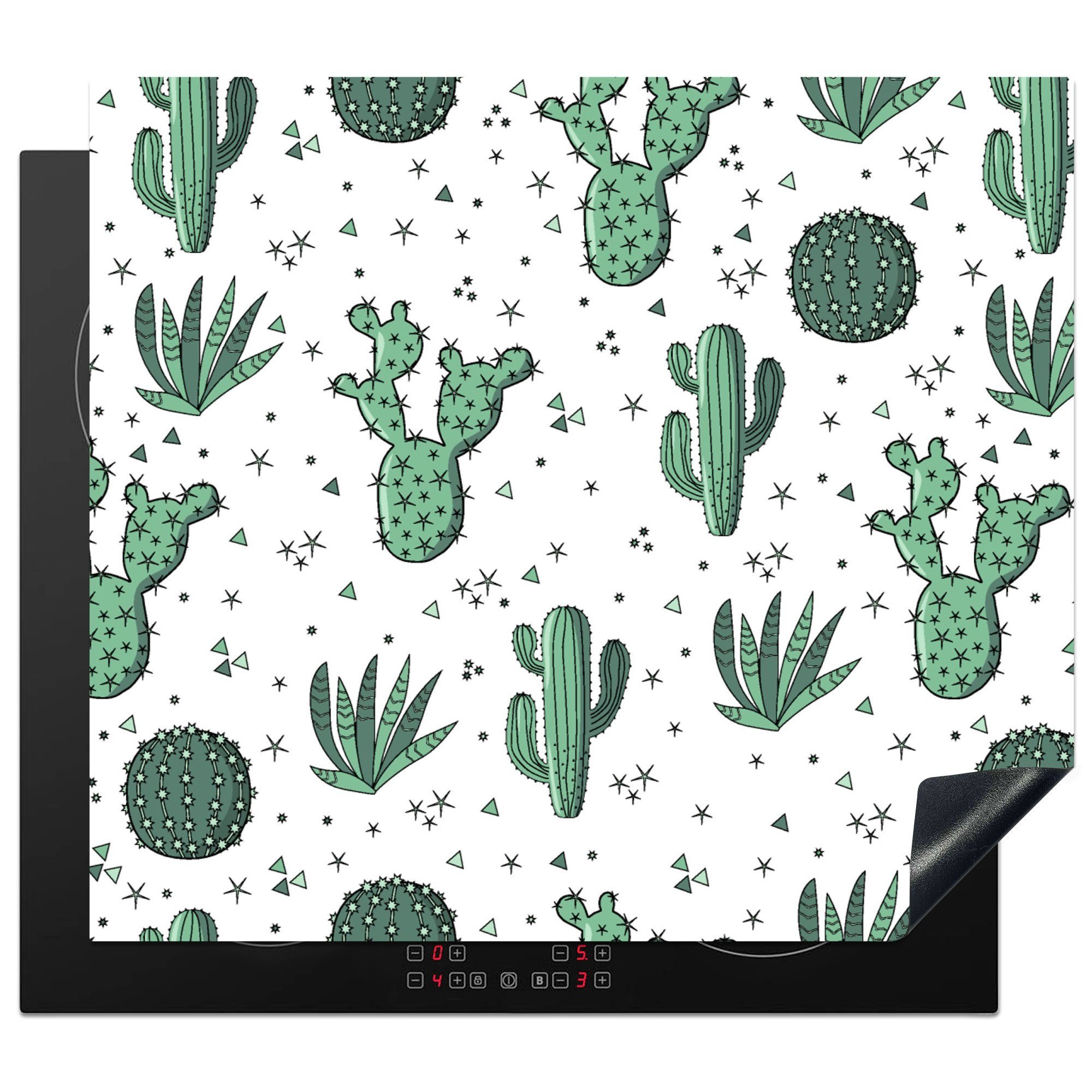 MuchoWow Herdblende-/Abdeckplatte Muster - Kaktus - Pflanzen - Sukkulenten, Vinyl, (1 tlg), 60x52 cm, Mobile Arbeitsfläche nutzbar, Ceranfeldabdeckung