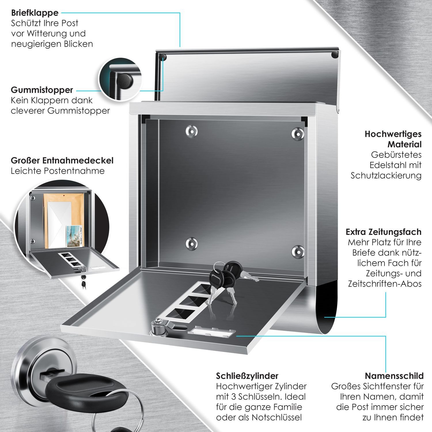 KESSER Briefkasten aus Edelstahl mit Zeitungsfach, 3x Schlüssel & Wandmontage-Material, (Pulverbeschichtet & gebürstet) mit Namensschild & Sichtfenster