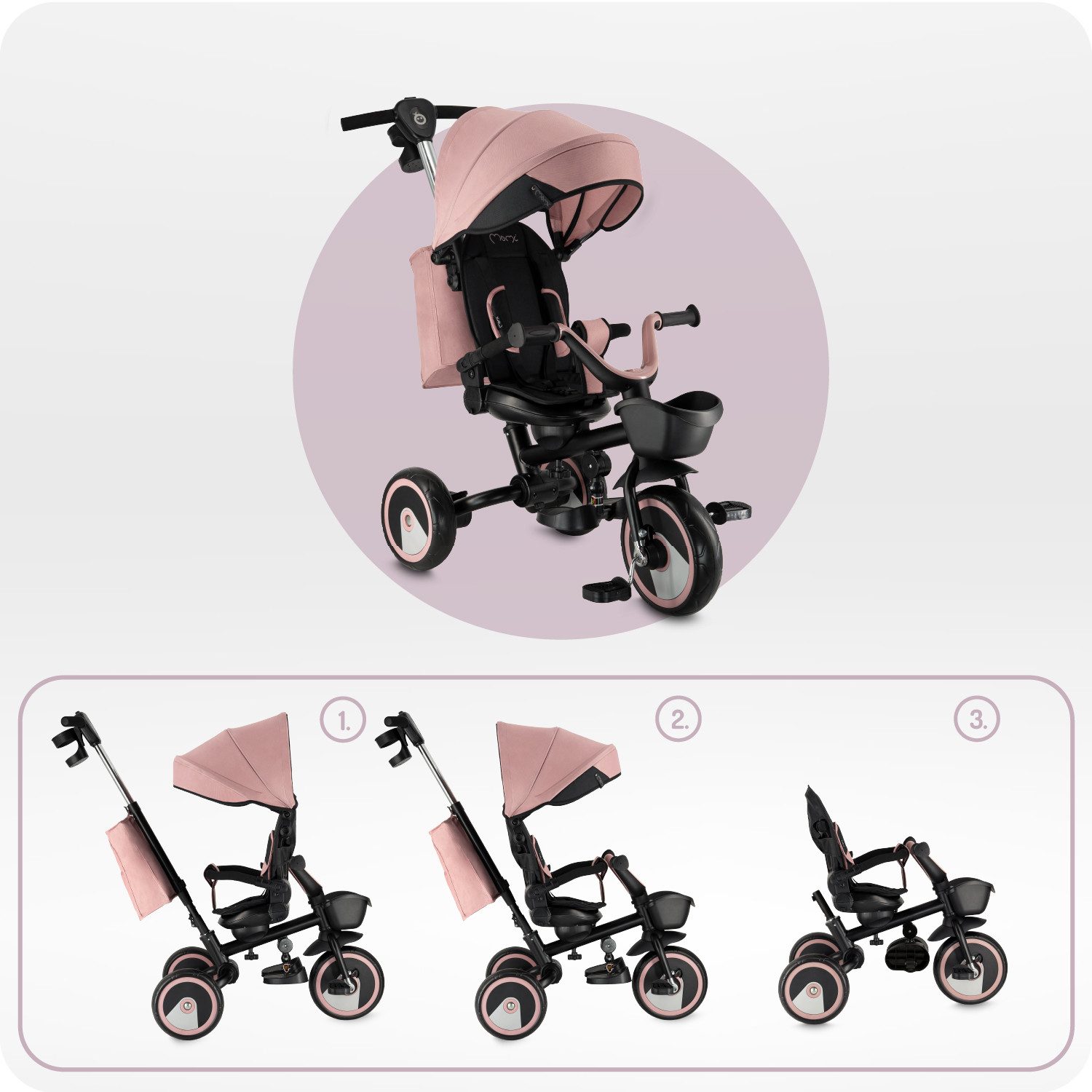 MoMi Dreirad-Kinderwagen Ivi, 360° drehbarer Sitz & höhenverstellbare Schiebestange