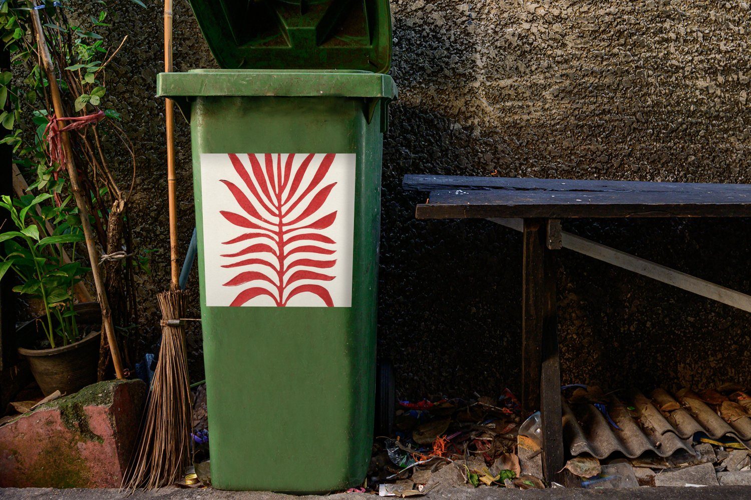 - Sticker, (1 - Blätter - Wandsticker MuchoWow Pflanze Container, Rot Mülltonne, Abfalbehälter Mülleimer-aufkleber, St), Abstrakt