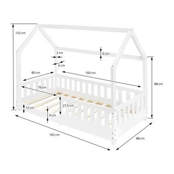 ML-DESIGN Kinderbett Hausbett mit Rausfallschutz, Dach und Lattenrost Massivholz, Bett 80x160 cm Weiß aus massivem Kiefernholz für Mädchen Jungen