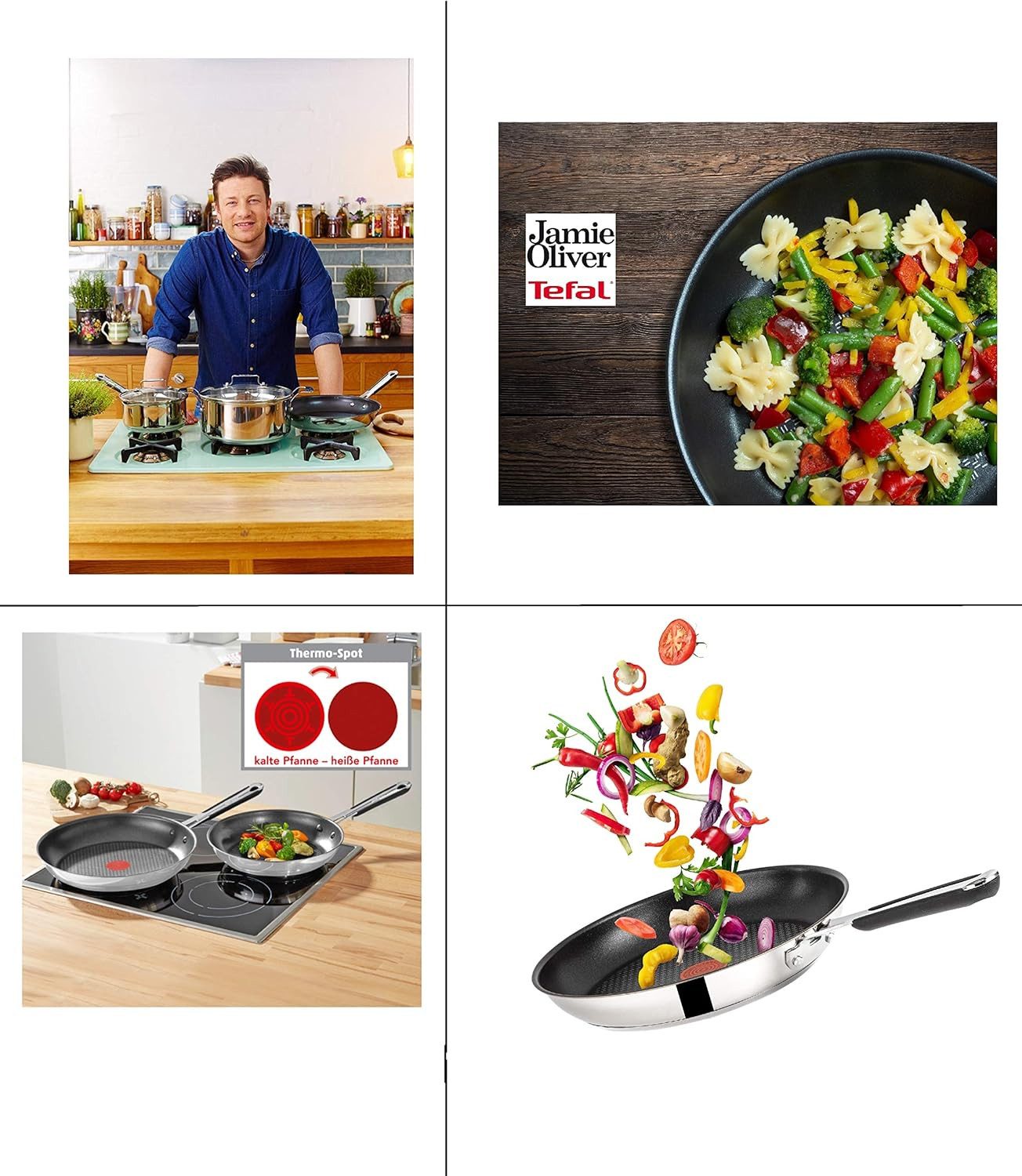 Tefal Pfannen-Set Jamie Oliver E76 Pfannenset 20,24,28cm + Schmorpfanne mit Deckel 25cm, Edelstahl 18/10 (Pfanne, Bratpfannen Set, Pfannenset, Wok, Wokpfanne, Schmorpfanne, Pfannen + 1 Wender & Schoner Antihaftbeschichtet Pfannenset mit Deckel), ohne Fett / Öl braten