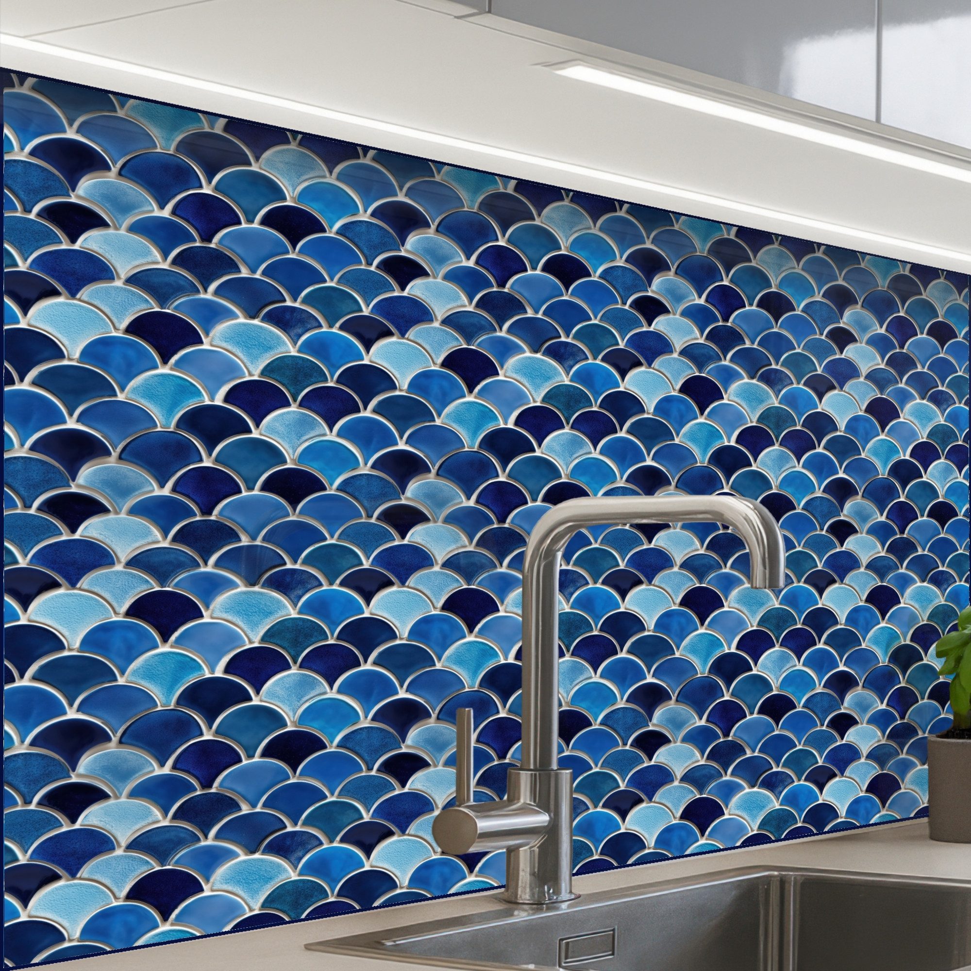 KitchenYeah Küchenrückwand selbstklebend (keine Folie) Muster - Fischschuppen - Blau, (1-tlg), Spritzschutz, Küche, Rückwand, Küchenwand, Küchenfront, 80x60 cm