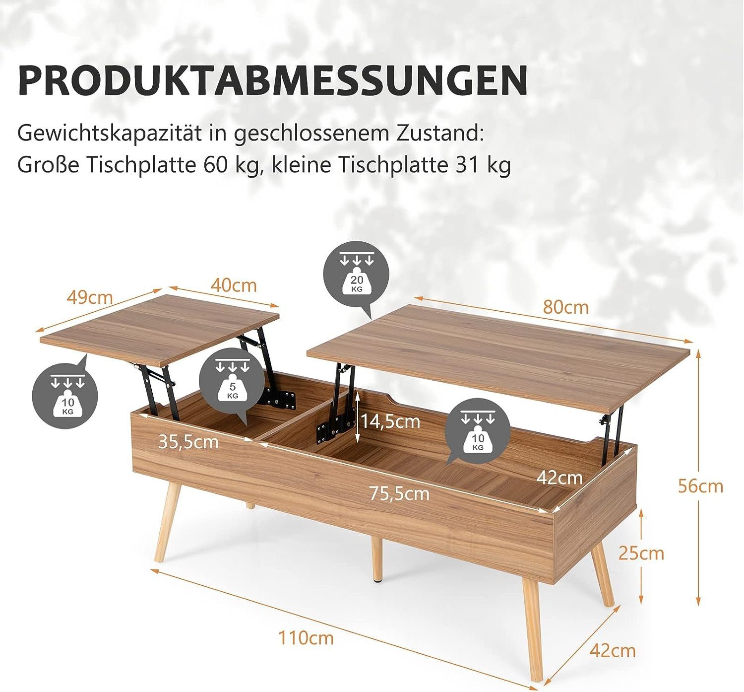 Kaffeetisch, Couchtisch höhenverstellbar, 120x49x42cm KOMFOTTEU