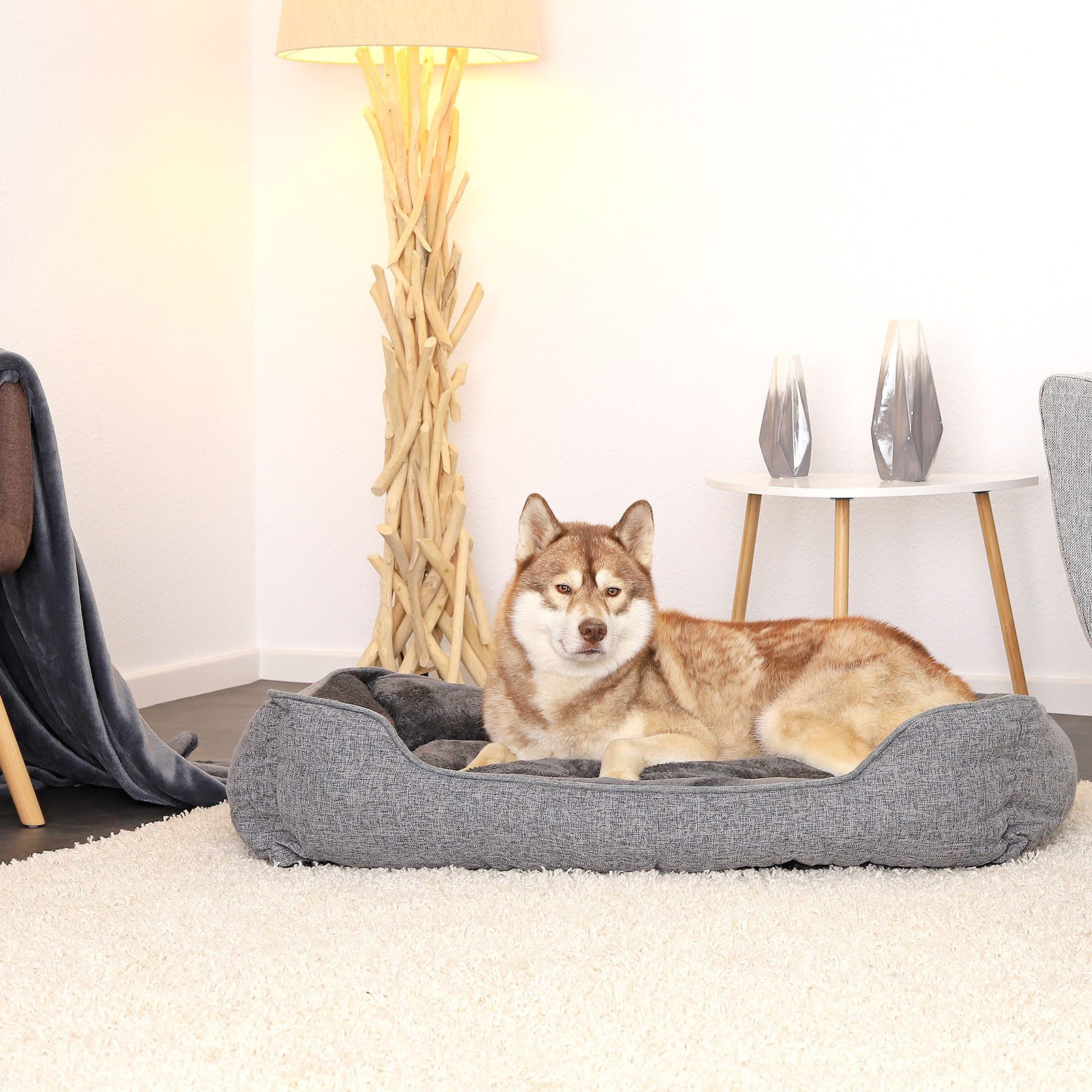 lionto Hundebett mit abnehmbaren Bezug, modernes Hundesofa 110x80 cm, grau, Textil, rutschfeste Unterseite & weiches Plüsch-Innenmaterial