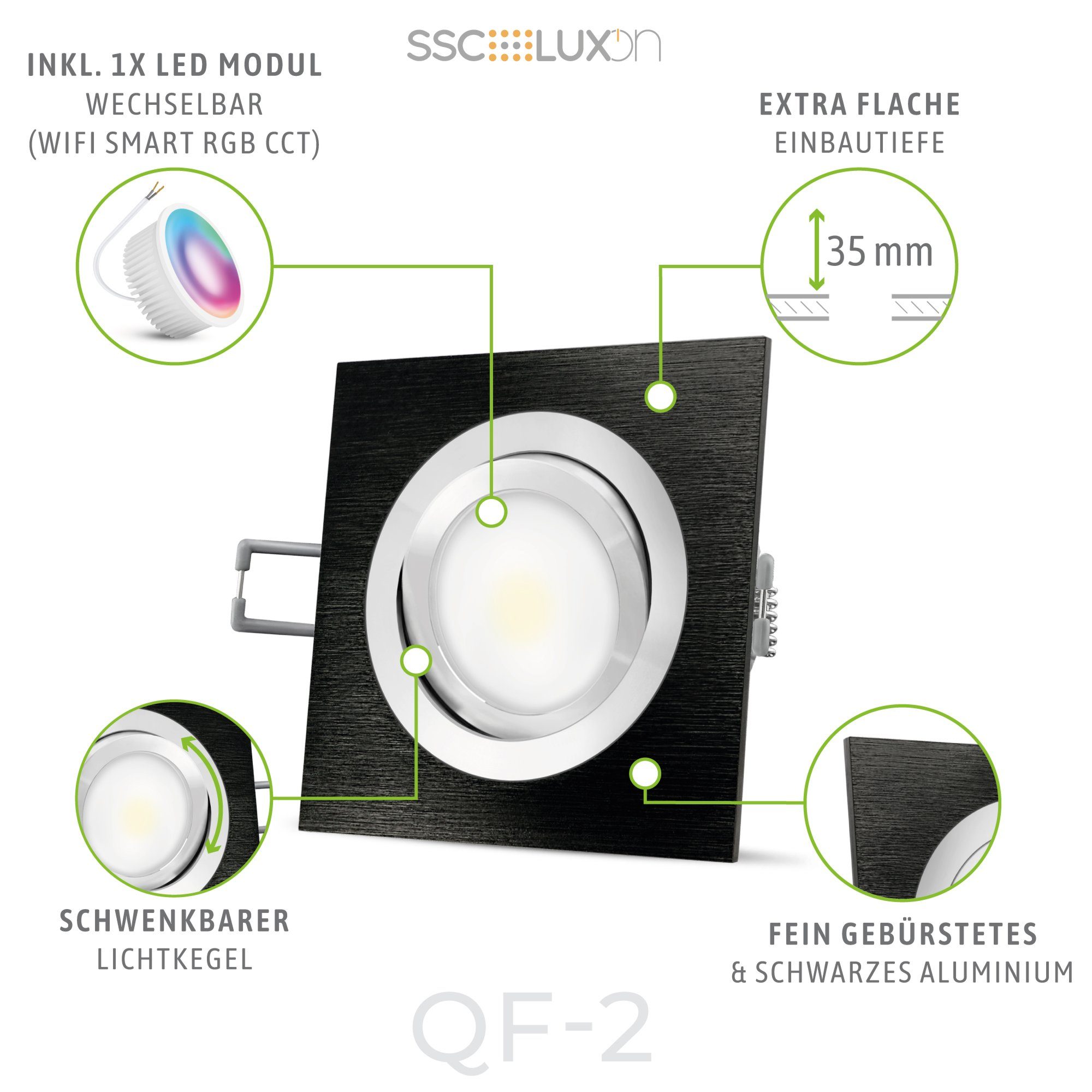 SSC-LUXon LED Einbaustrahler dimmbar, RGB+ WiFi LED mit Einbauspot QF-2 RGB flach Smart schwenkbar