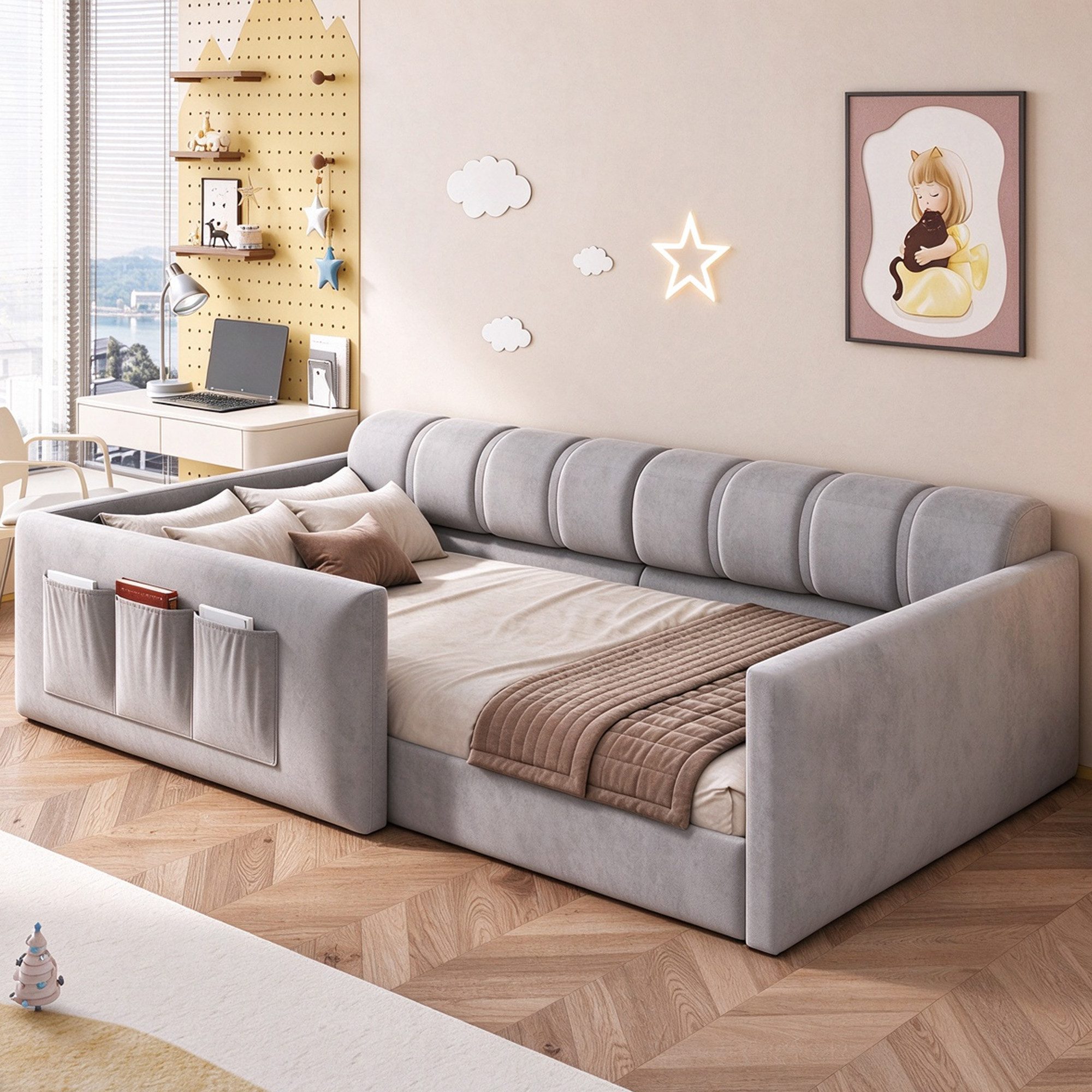 Merax Daybett 90×200cm mit seitlichen Aufbewahrungstaschen,Polsterbett mit 12 Latten (Schlafsofa Bodenbett Sofabett, 1 tlg), Kinderbett mit dickem gepolstertem Kopfteil, Jugendbett Samt Tagesbett